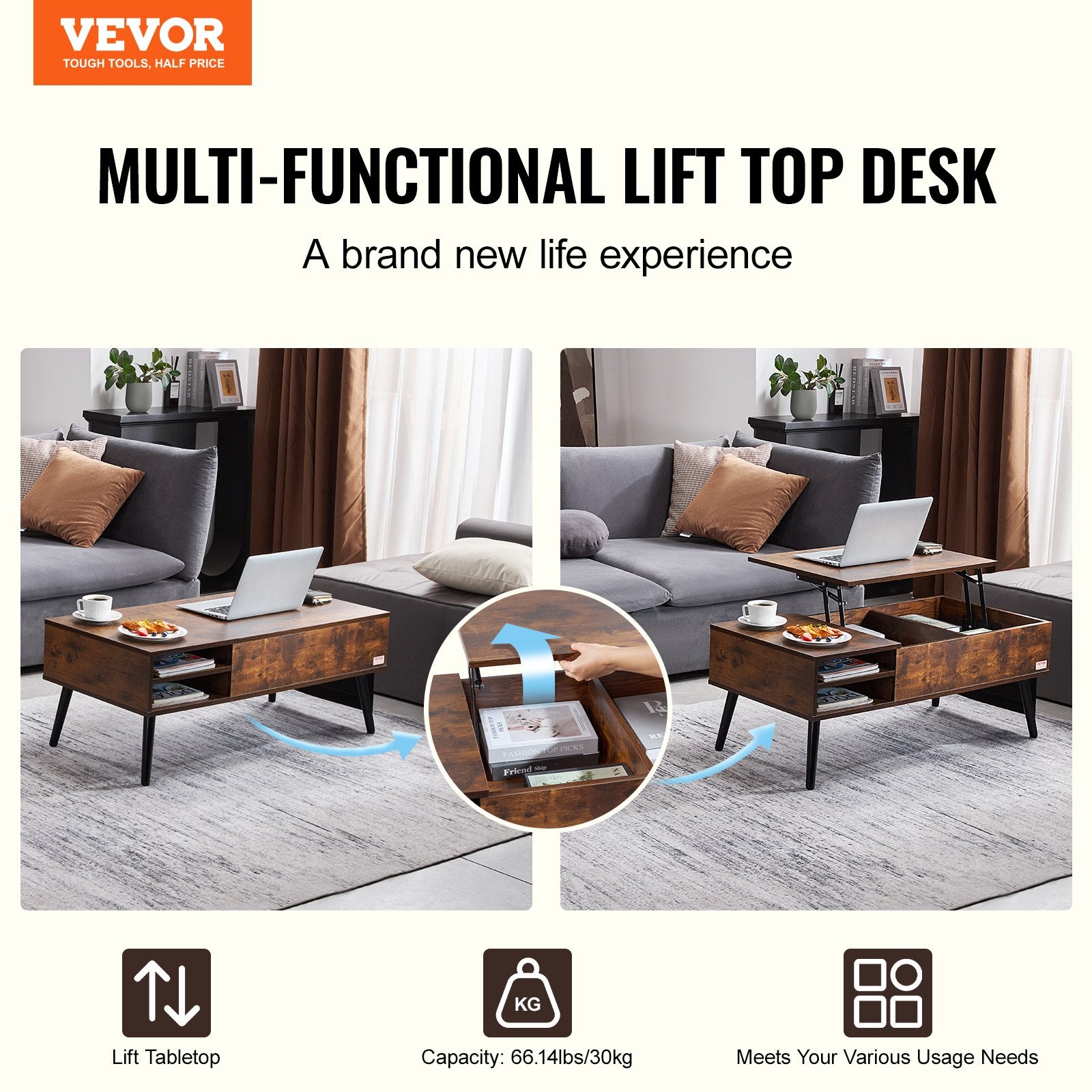 Lift Top Coffee Table 39.4 in Rectangle Coffee Table for Living Room Brown V952-KFZZFX394INCN8GJ4V0