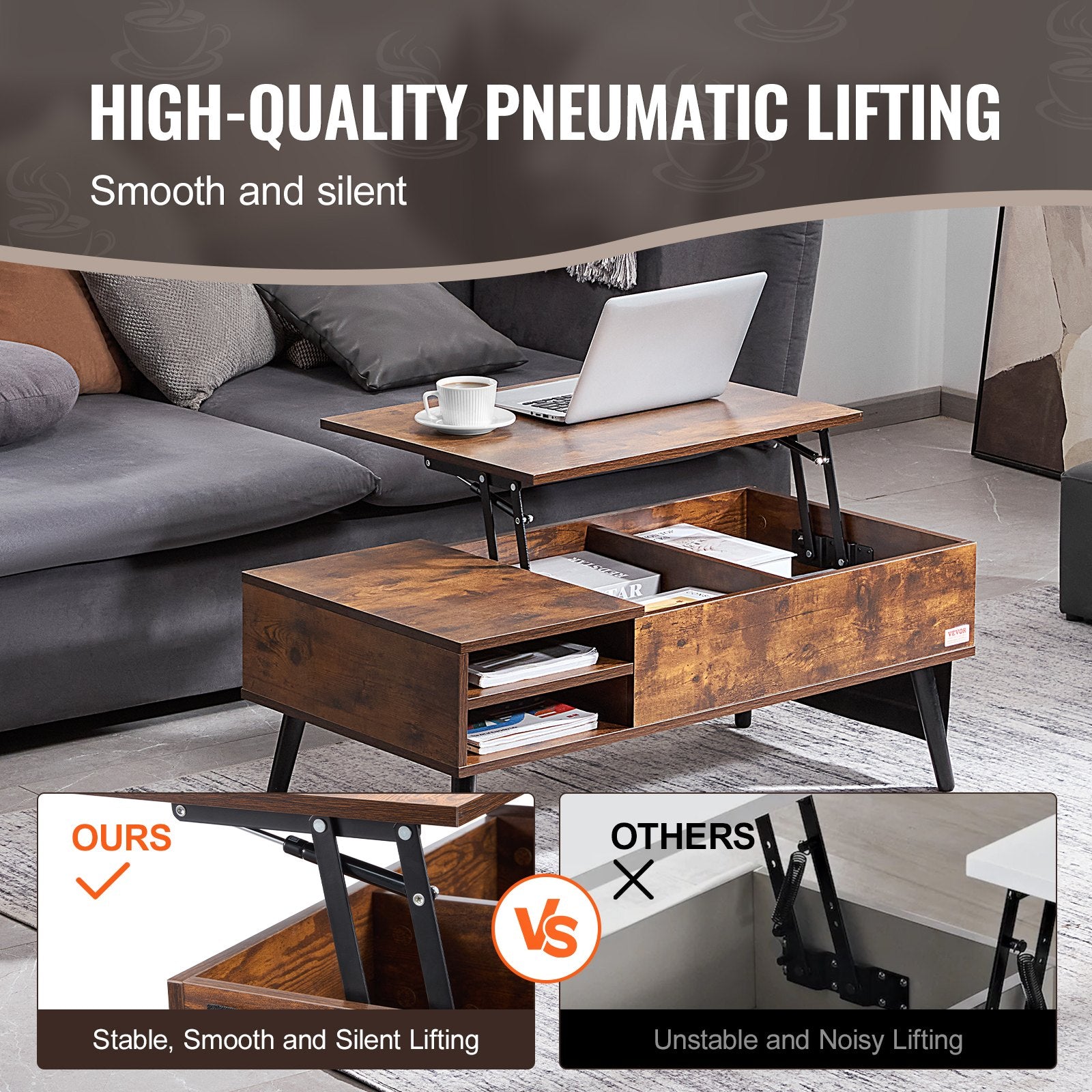 Lift Top Coffee Table 39.4 in Rectangle Coffee Table for Living Room Brown V952-KFZZFX394INCN8GJ4V0