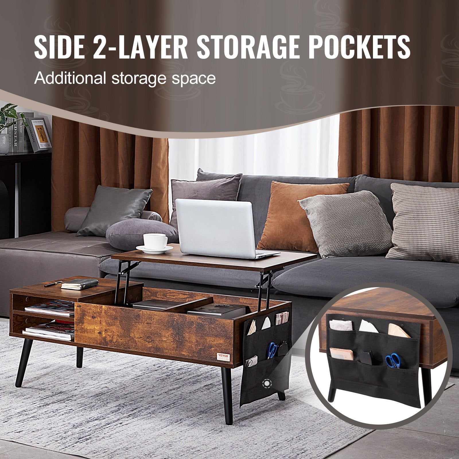 Lift Top Coffee Table 39.4 in Rectangle Coffee Table for Living Room Brown V952-KFZZFX394INCN8GJ4V0