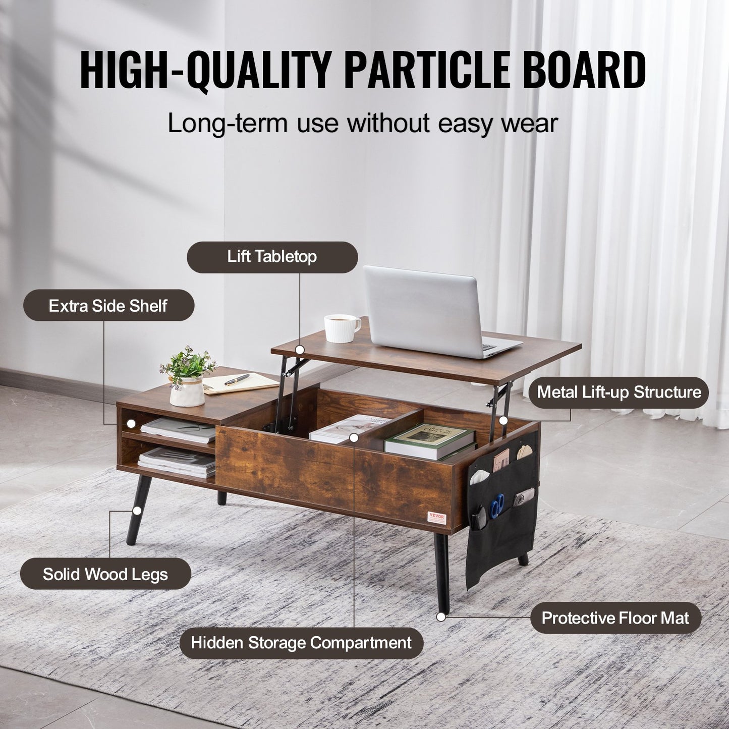 Lift Top Coffee Table 39.4 in Rectangle Coffee Table for Living Room Brown V952-KFZZFX394INCN8GJ4V0