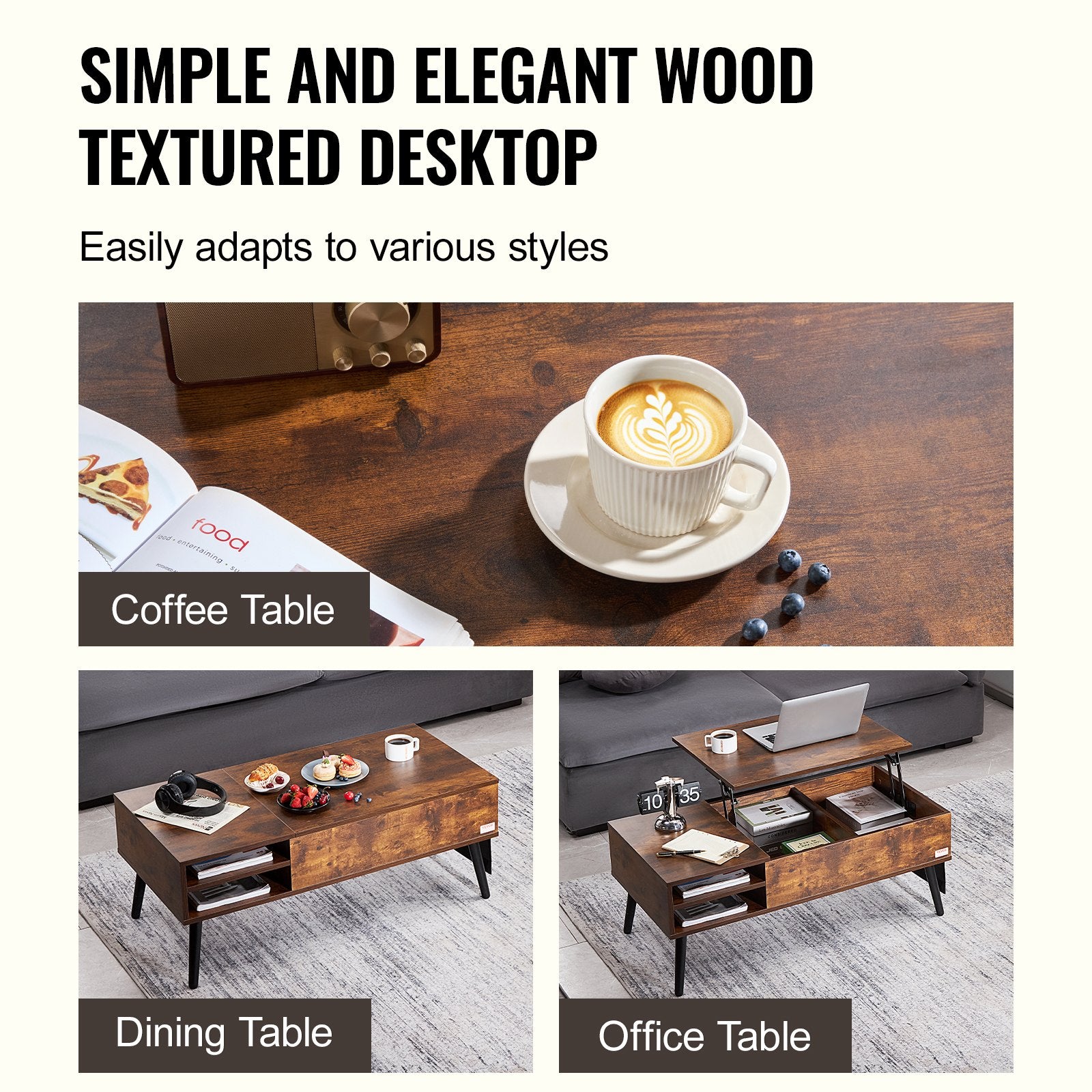 Lift Top Coffee Table 39.4 in Rectangle Coffee Table for Living Room Brown V952-KFZZFX394INCN8GJ4V0