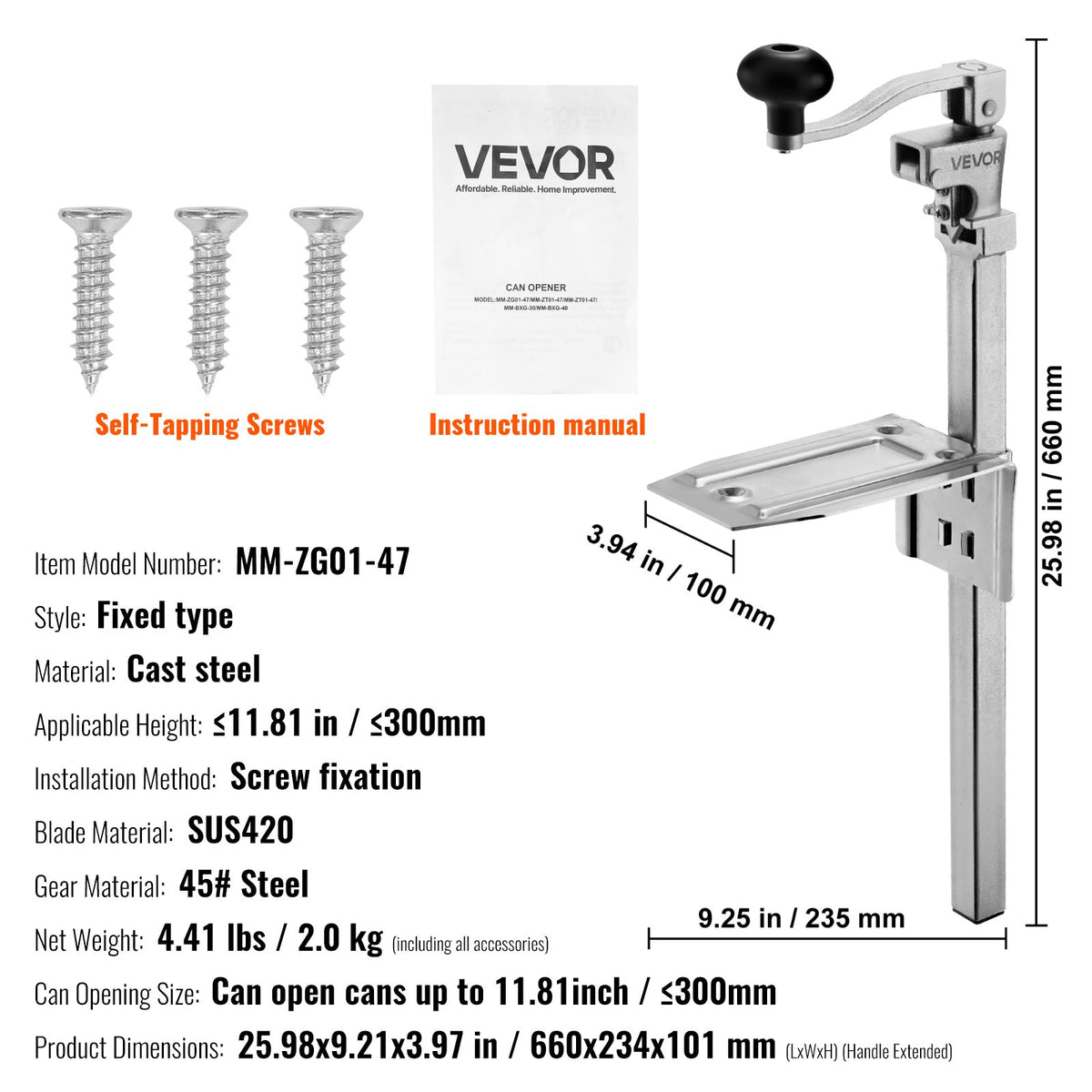 Commercial Can Opener, Heavy-Duty Manual Tabletop Cans Opener for Cans Up to 300 mm Height, Height-Adjustable V952-KGQ10YCGDSZGWVM66003V0