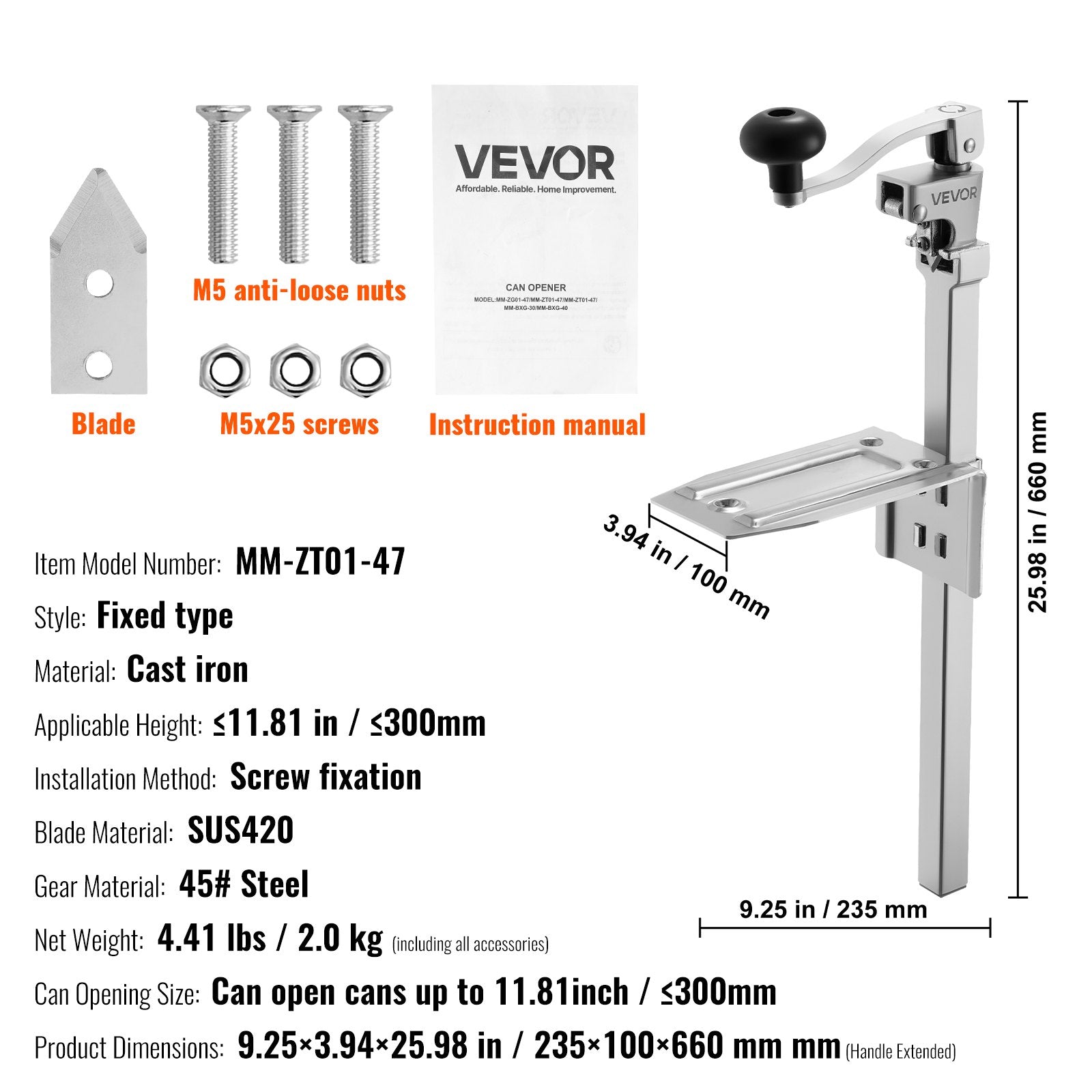 Commercial Can Opener, Heavy-Duty Manual Tabletop Cans Opener for Cans Up to 300 mm Height, Height-Adjustable V952-KGQ10YCZTGDSR7I52002V0
