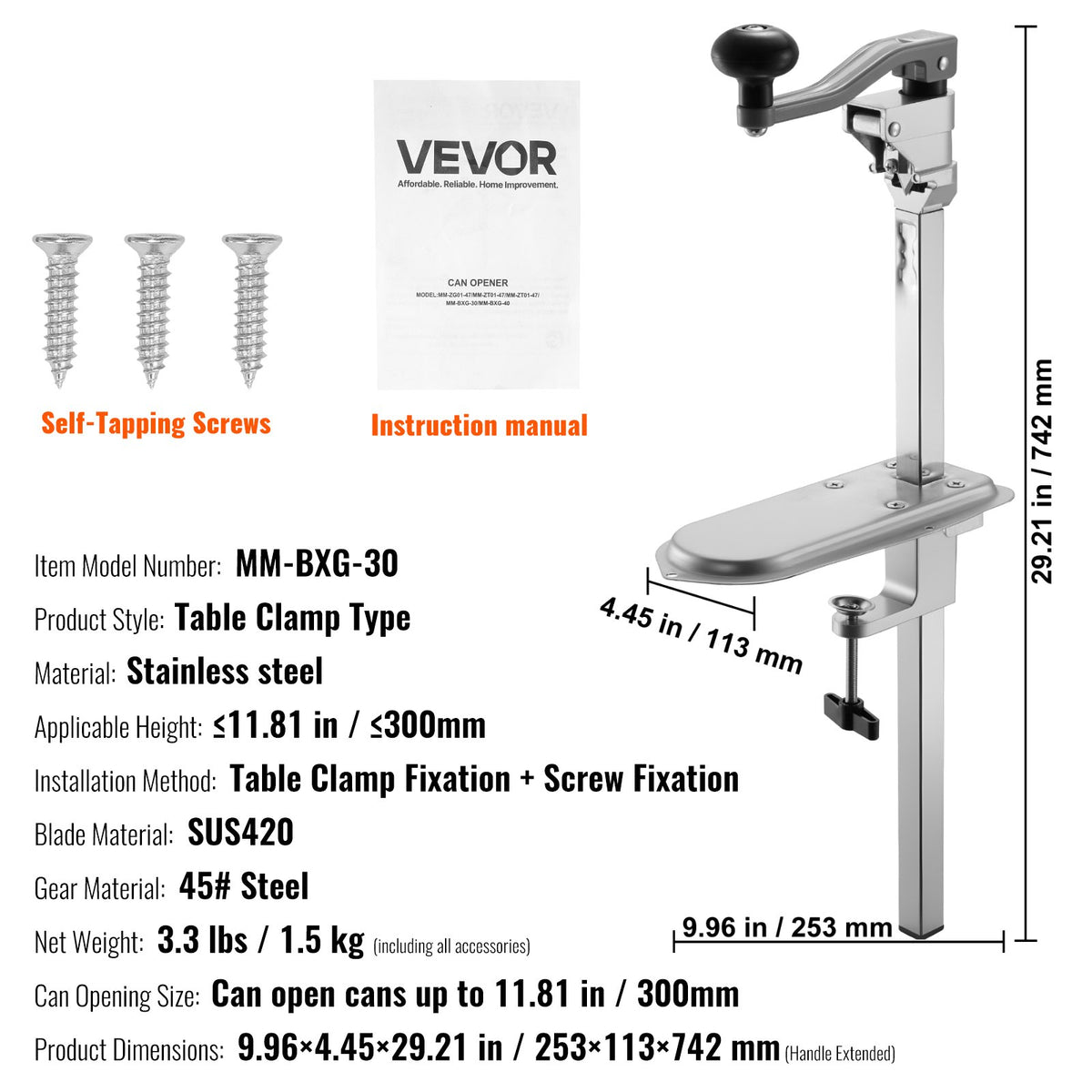 Commercial Can Opener, Heavy-Duty Manual Tabletop Cans Opener for Cans Up to 300 mm Height, Height-Adjustable V952-KGQ30CMBXGZJRXFF5003V0