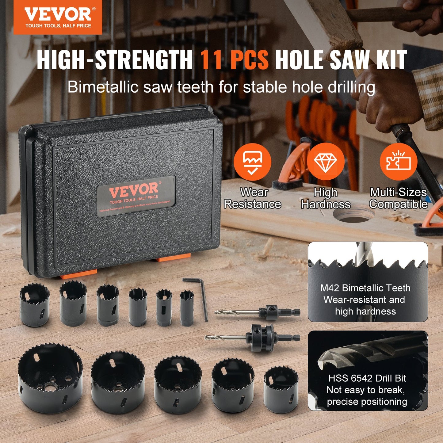 Hole Saw Kit, 11 PCS Saw Blades, 2 Drill Bits, 1 Hex Wrench, Bi Metal M42 Hole Saw Set with Carrying Case, V952-KJTJSJSPF11HOUAIGV0