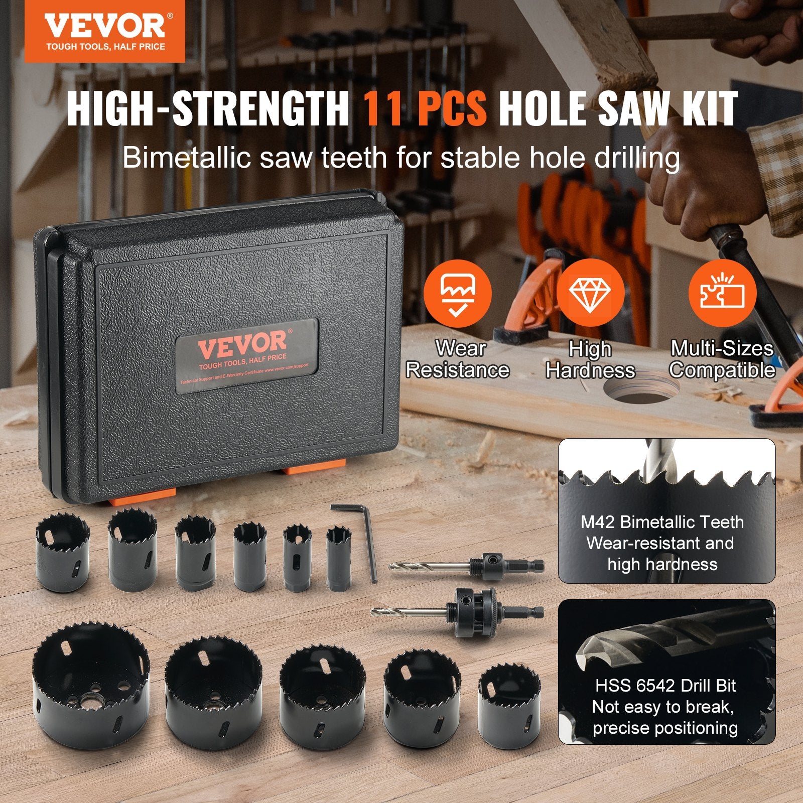 Hole Saw Kit, 11 PCS Saw Blades, 2 Drill Bits, 1 Hex Wrench, Bi Metal M42 Hole Saw Set with Carrying Case, V952-KJTJSJSPF11HOUAIGV0