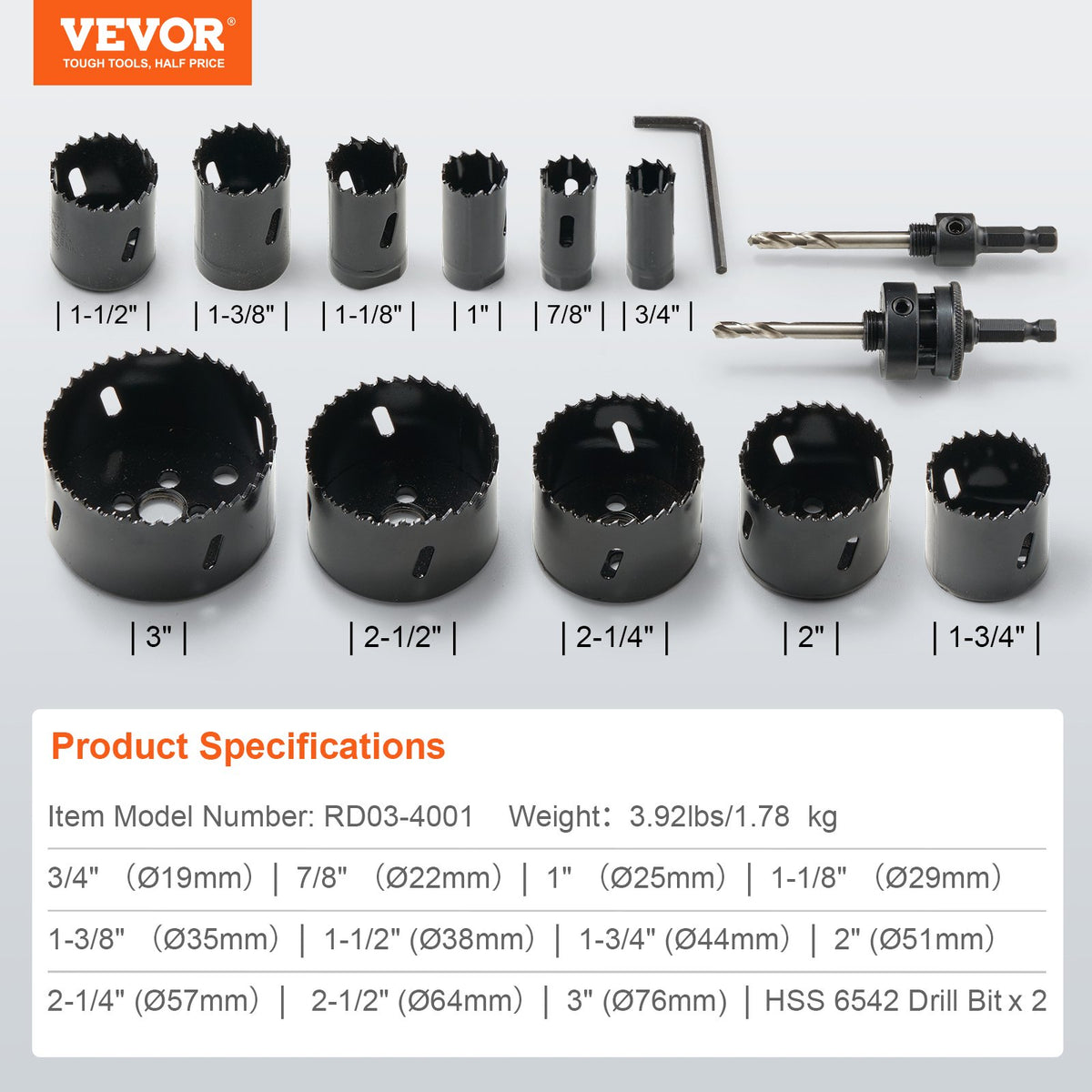 Hole Saw Kit, 11 PCS Saw Blades, 2 Drill Bits, 1 Hex Wrench, Bi Metal M42 Hole Saw Set with Carrying Case, V952-KJTJSJSPF11HOUAIGV0