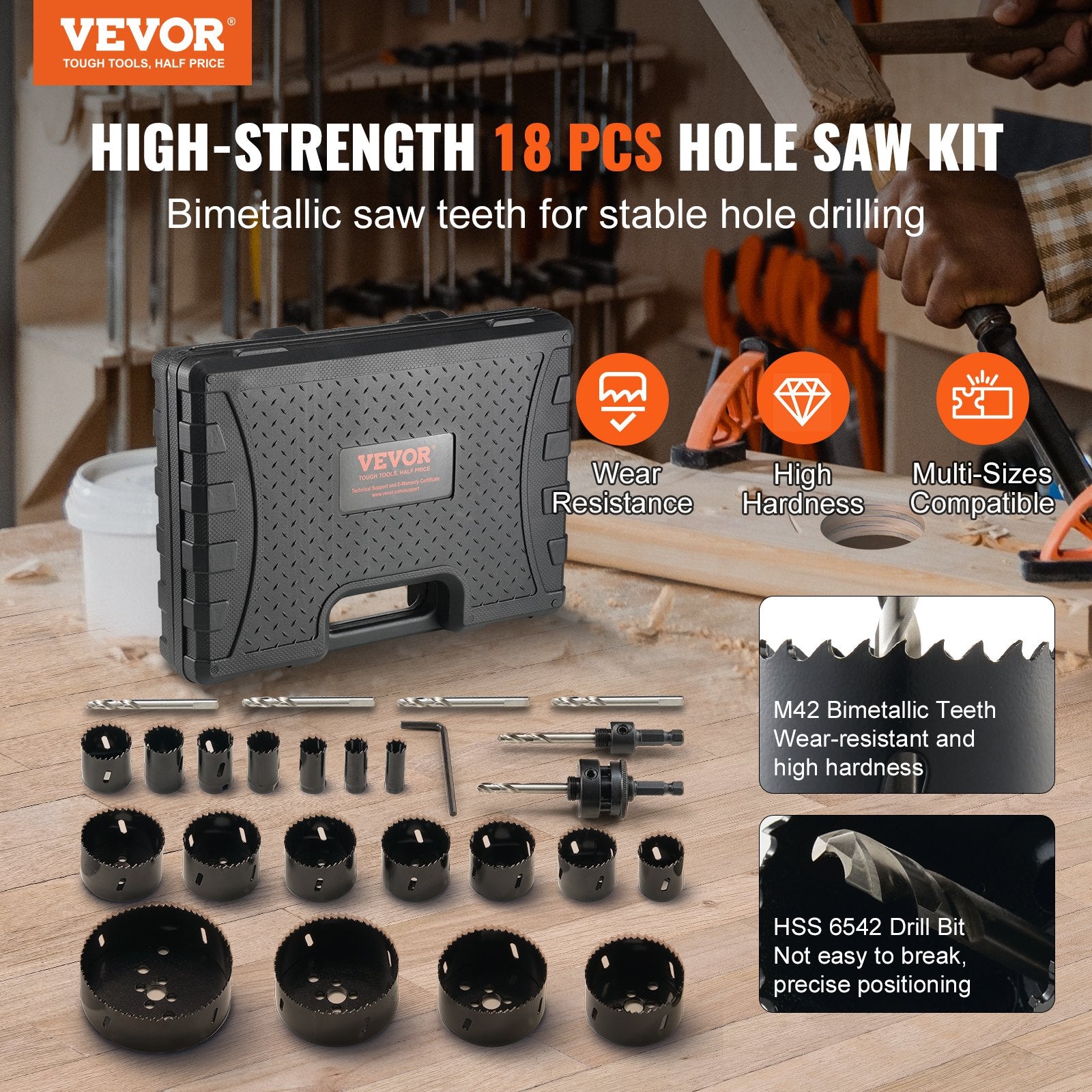 Hole Saw Kit, 18 PCS Saw Blades, 6 Drill Bits, 1 Hex Wrench, Bi Metal M42 Hole Saw Set with Carrying Case, V952-KJTJSJSPF18OWVFQPV0