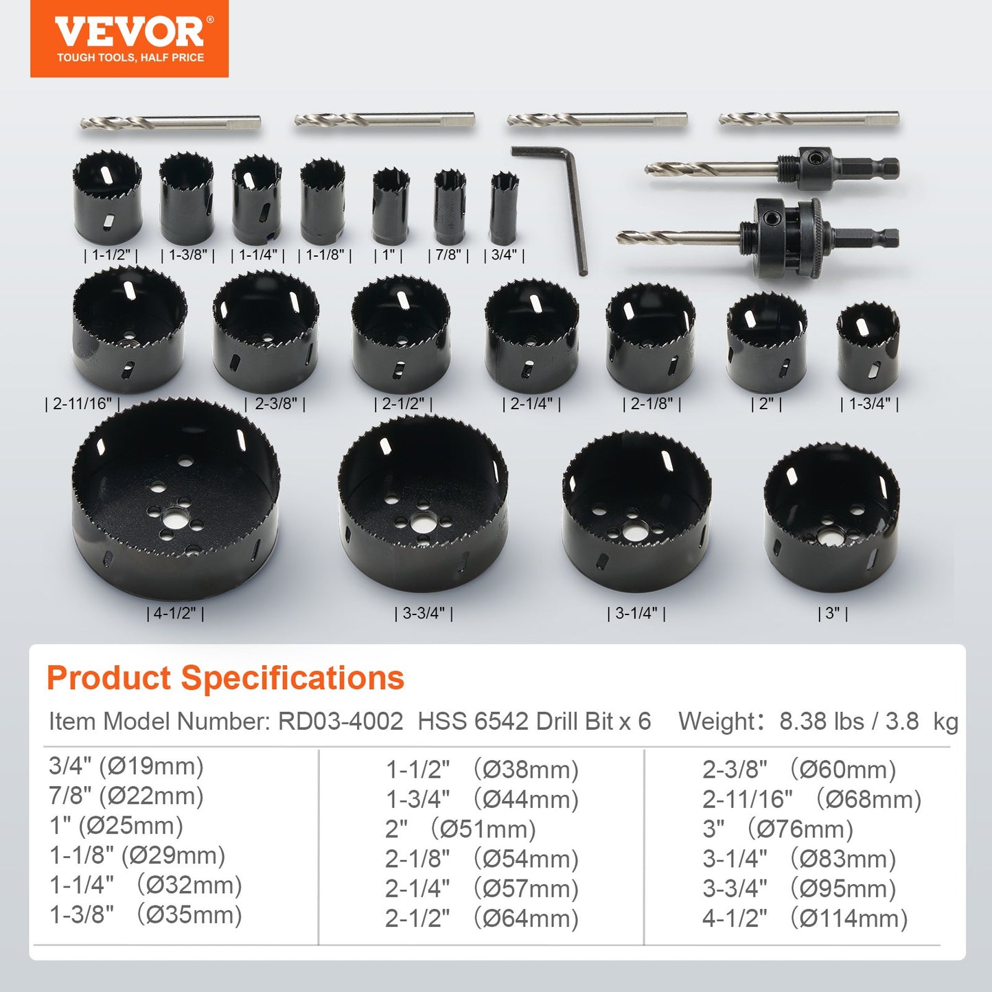 Hole Saw Kit, 18 PCS Saw Blades, 6 Drill Bits, 1 Hex Wrench, Bi Metal M42 Hole Saw Set with Carrying Case, V952-KJTJSJSPF18OWVFQPV0
