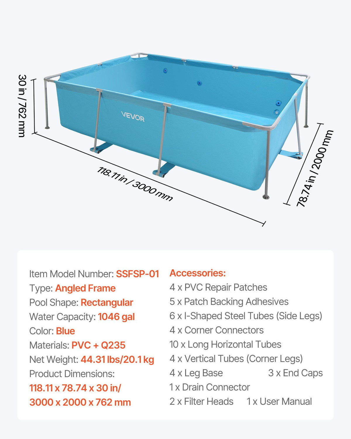 Frame Above Ground Swimming Pool, 3 x 2 x 0.762 m Rectangular Steel Metal Frame, Large Rectangle Outdoor V952-KJYYC10FT6FTP9KKK001V0