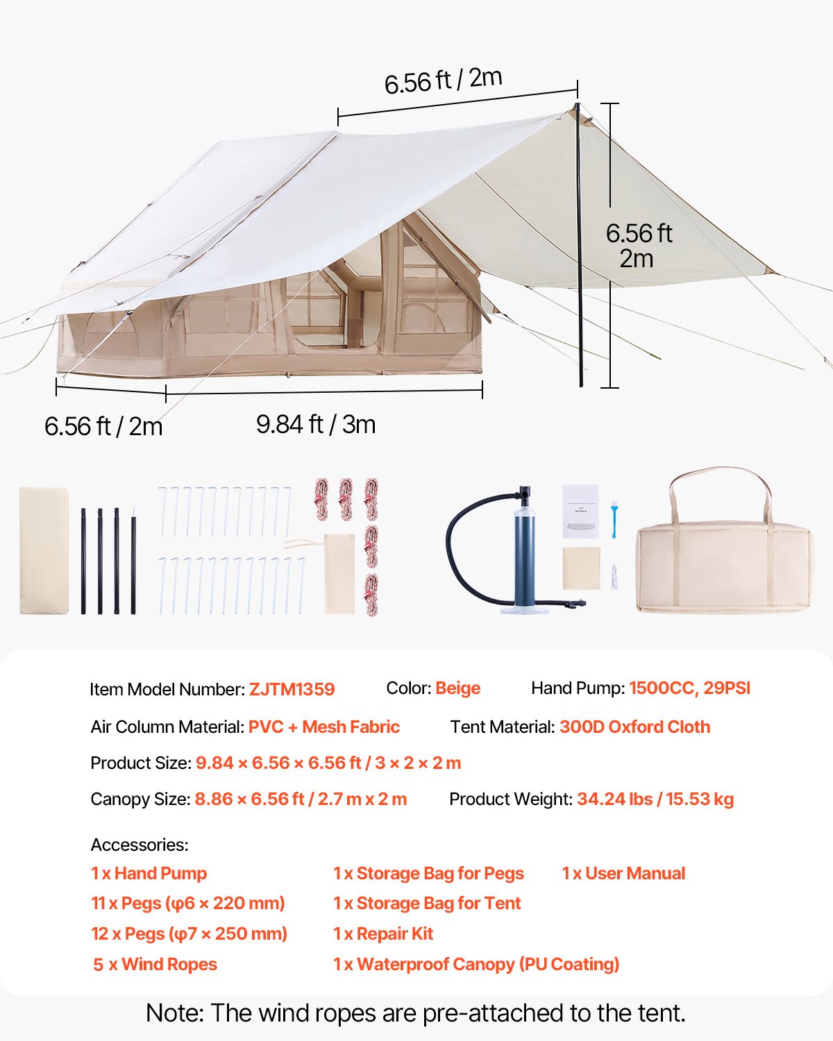 Inflatable Tents for Camping, 3-5 Person Easy Setup Blow up Tent with Hand Pump, 300D Oxford 4 Season V952-KJZP321MCQWZYXYAQV0