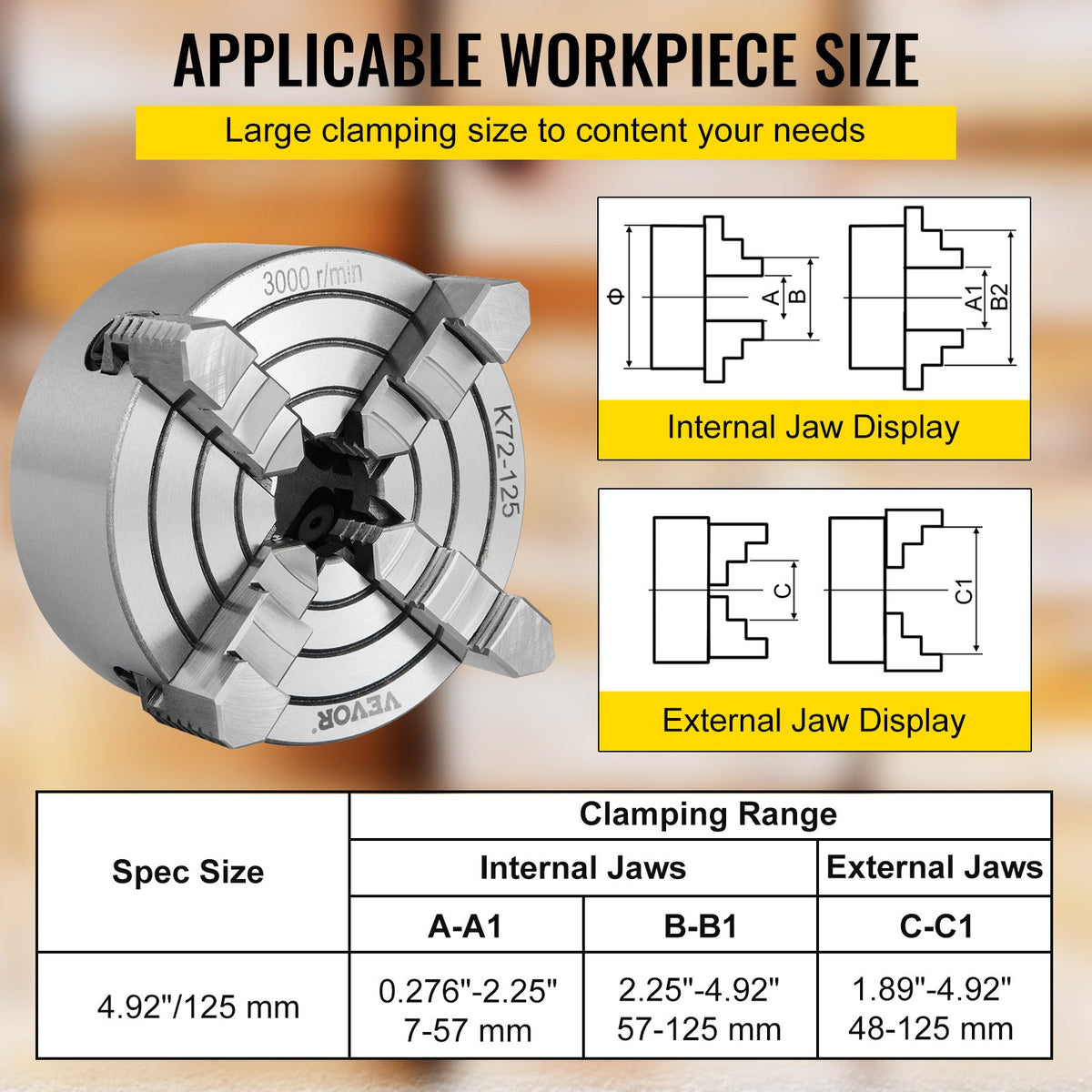 Metal Lathe Chuck 4-Jaw Independent 5 inch Cast Iron Milling Turning CNC V952-KPK72-12500000001V0
