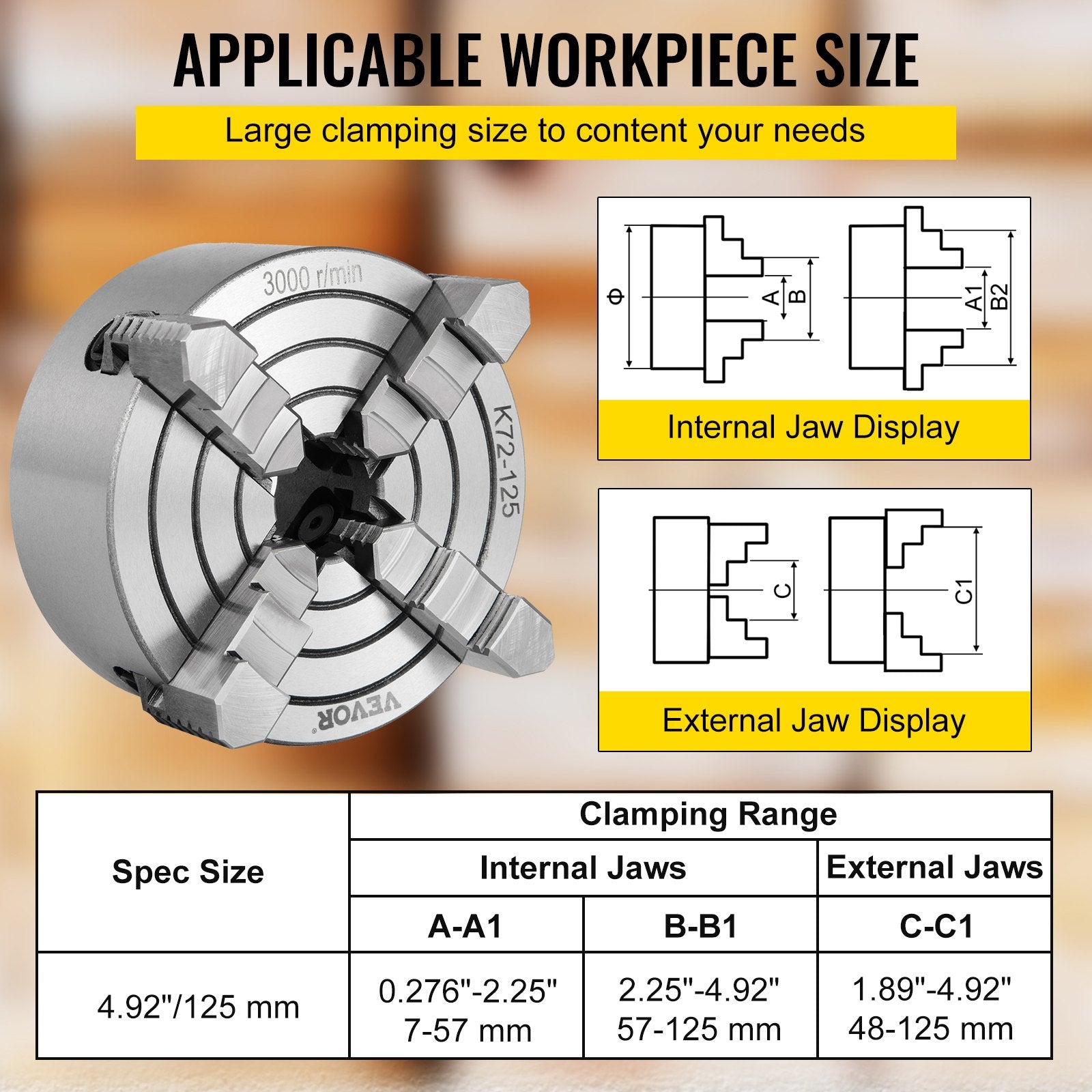 Metal Lathe Chuck 4-Jaw Independent 5 inch Cast Iron Milling Turning CNC V952-KPK72-12500000001V0