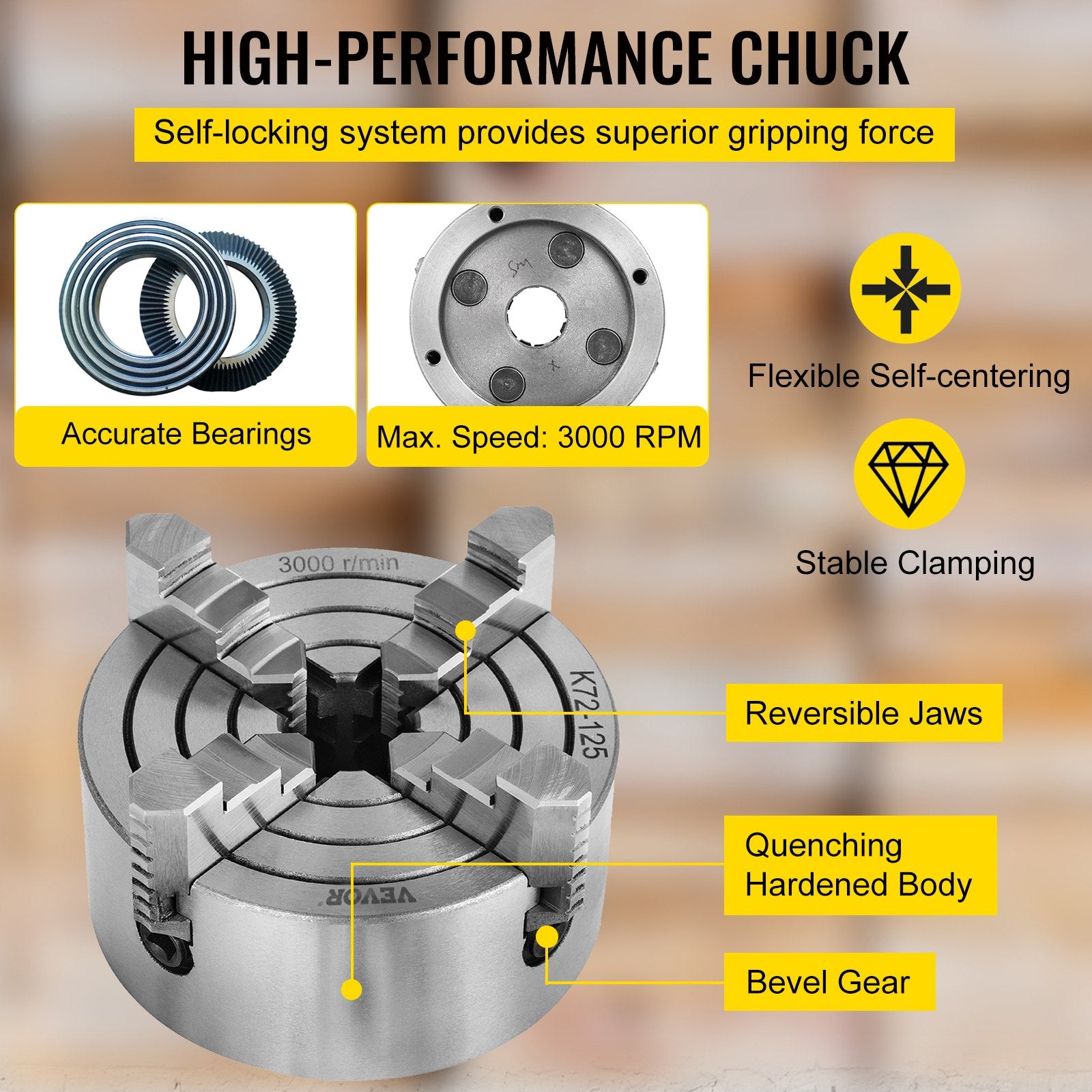 Metal Lathe Chuck 4-Jaw Independent 5 inch Cast Iron Milling Turning CNC V952-KPK72-12500000001V0