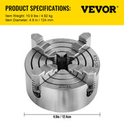 Metal Lathe Chuck 4-Jaw Independent 5 inch Cast Iron Milling Turning CNC V952-KPK72-12500000001V0