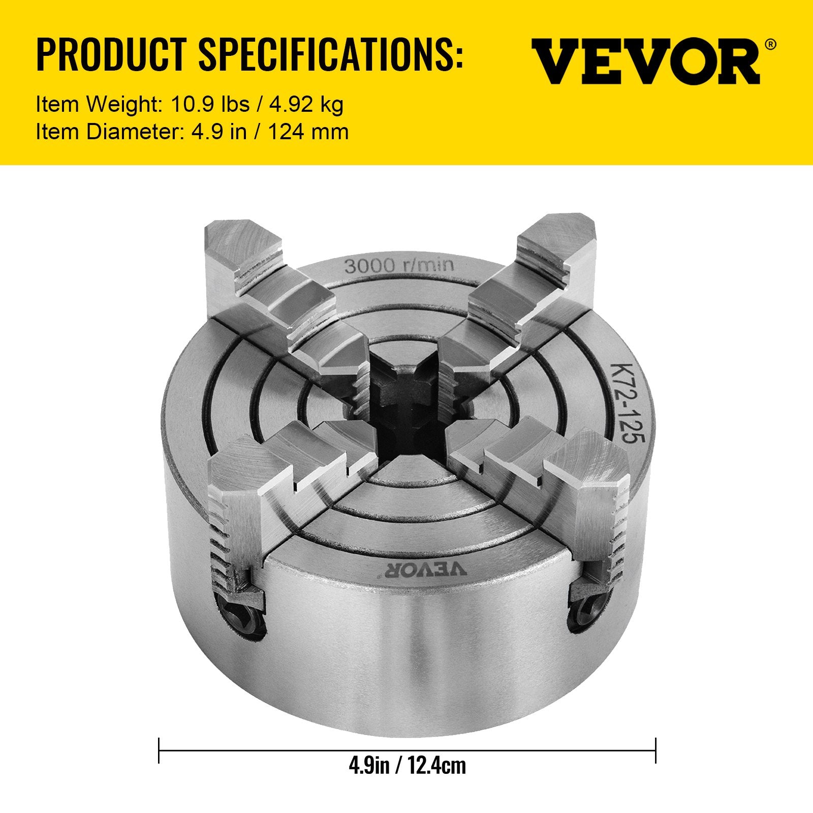 Metal Lathe Chuck 4-Jaw Independent 5 inch Cast Iron Milling Turning CNC V952-KPK72-12500000001V0
