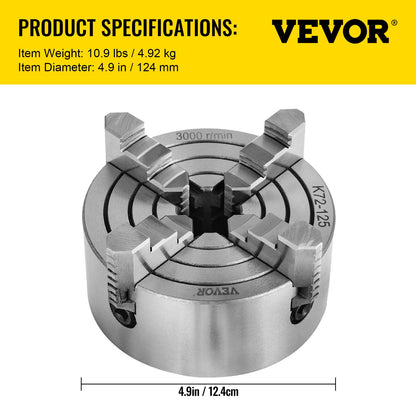 Metal Lathe Chuck 4-Jaw Independent 5 inch Cast Iron Milling Turning CNC V952-KPK72-12500000001V0