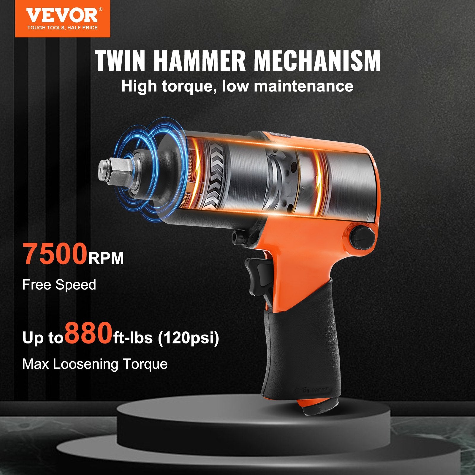 Air Impact Wrench, 1/2" Drive Air Impact Gun Up to 880ft-lbs Nut-busting Torque, 7500RPM Lightweight V952-KQ660N121000NH9DPV0