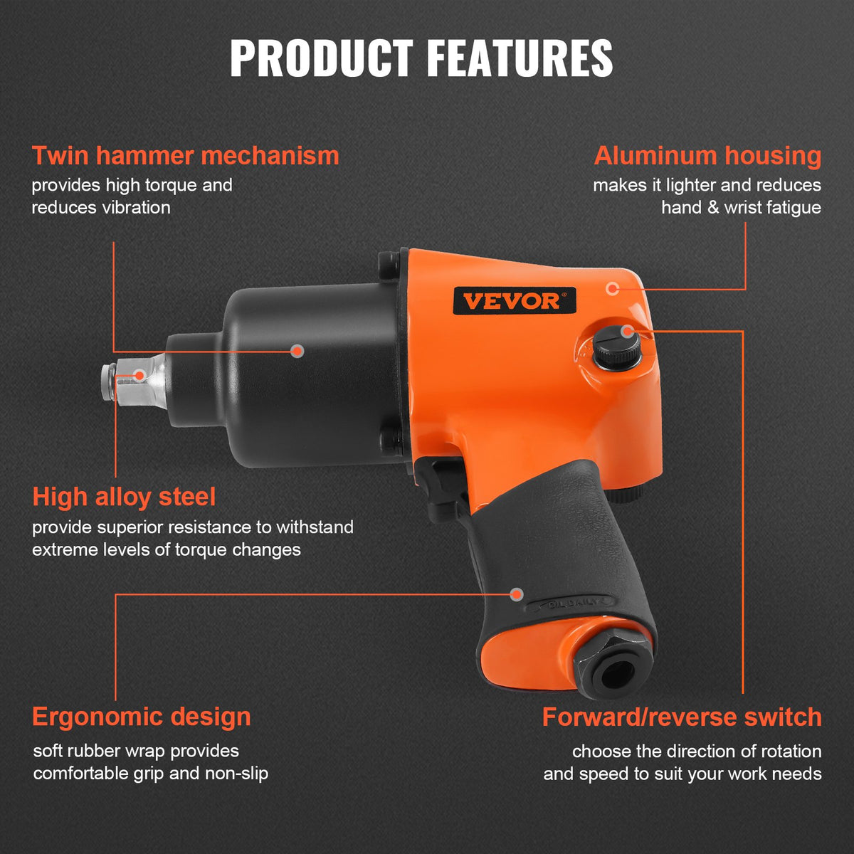 Air Impact Wrench, 1/2" Drive Air Impact Gun Up to 880ft-lbs Nut-busting Torque, 7500RPM Lightweight V952-KQ660N121000NH9DPV0