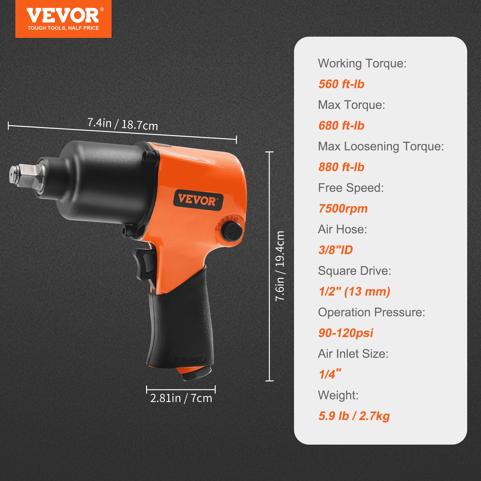 Air Impact Wrench, 1/2" Drive Air Impact Gun Up to 880ft-lbs Nut-busting Torque, 7500RPM Lightweight V952-KQ660N121000NH9DPV0