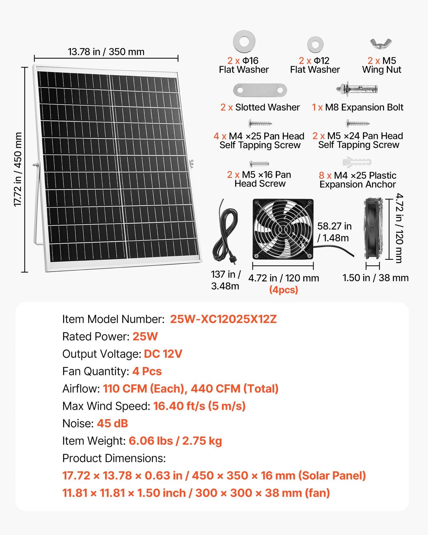 Solar Powered Fan, 25W Solar Panel with 4 Fans, Adjustable Solar Panel Angle, 2668 RPM High-Speed, Flexible V952-KQWSXHFJDTYN5TENT001Y3
