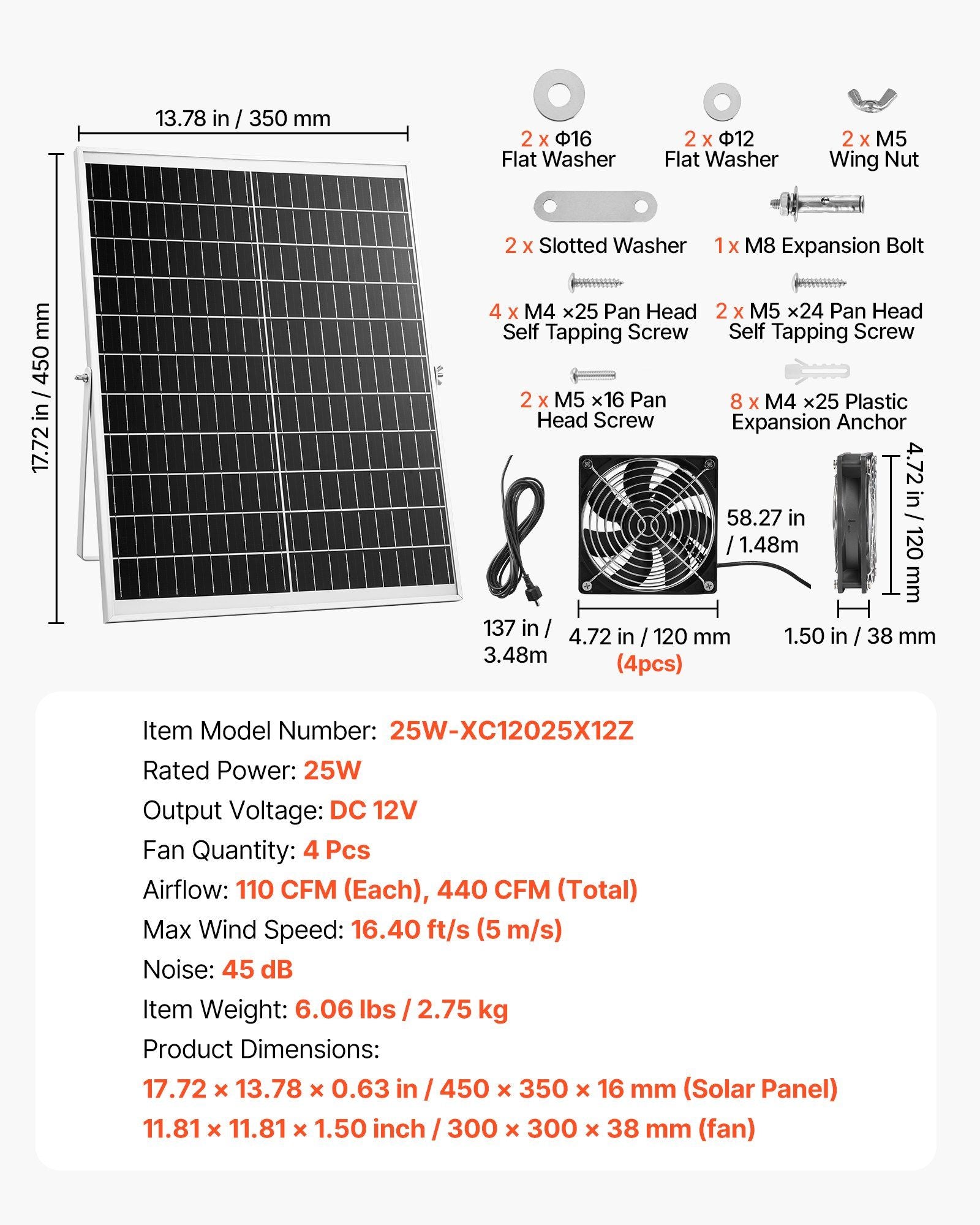 Solar Powered Fan, 25W Solar Panel with 4 Fans, Adjustable Solar Panel Angle, 2668 RPM High-Speed, Flexible V952-KQWSXHFJDTYN5TENT001Y3