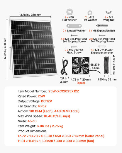 Solar Powered Fan, 25W Solar Panel with 4 Fans, Adjustable Solar Panel Angle, 2668 RPM High-Speed, Flexible V952-KQWSXHFJDTYN5TENT001Y3