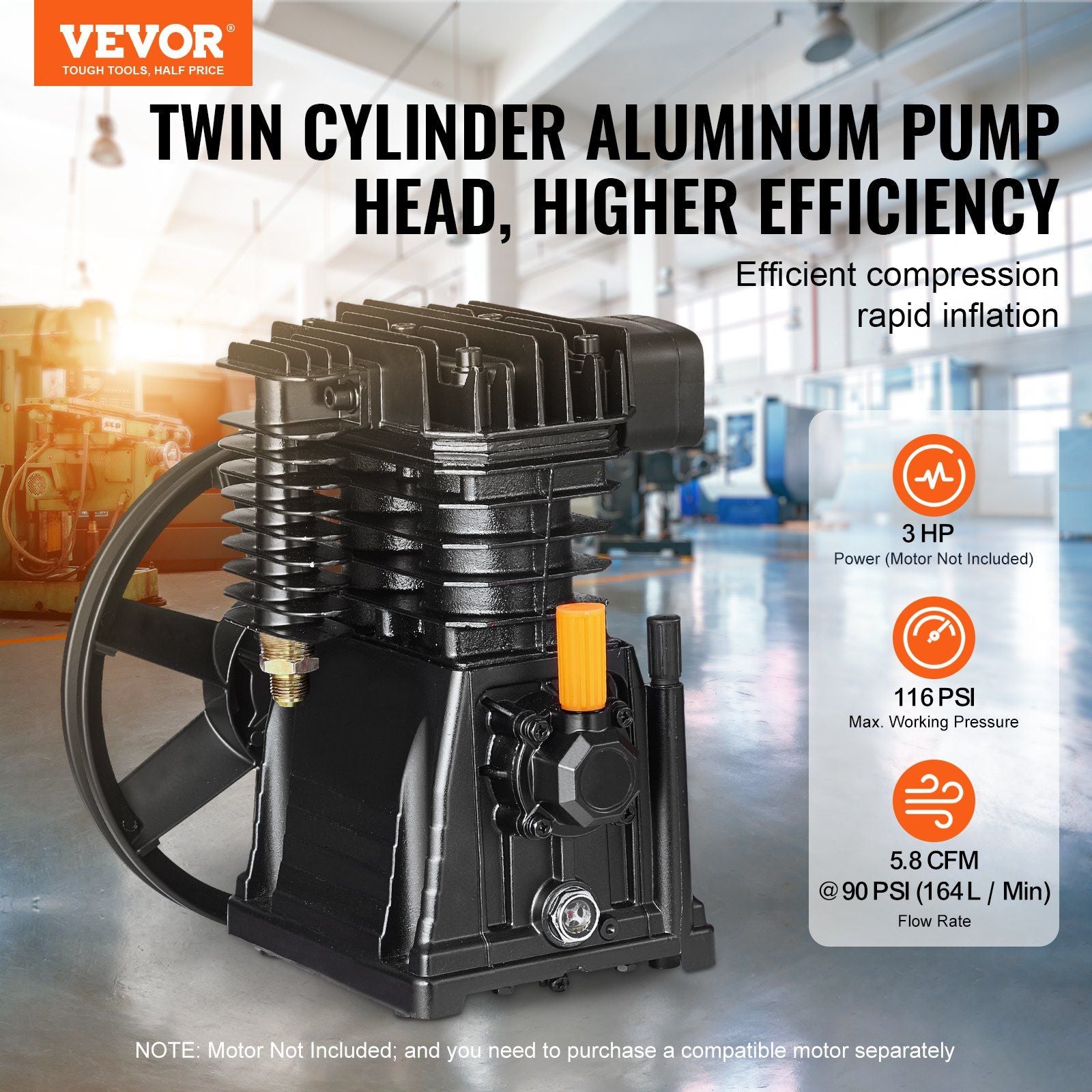 Air Compressor Pump Head, 3HP 5.8CFM @ 90PSI, Twin Cylinder Oil Lubricated Air Compressor Piston Pump Head, V952-KQYSJBTHSSBT4JDUMV0
