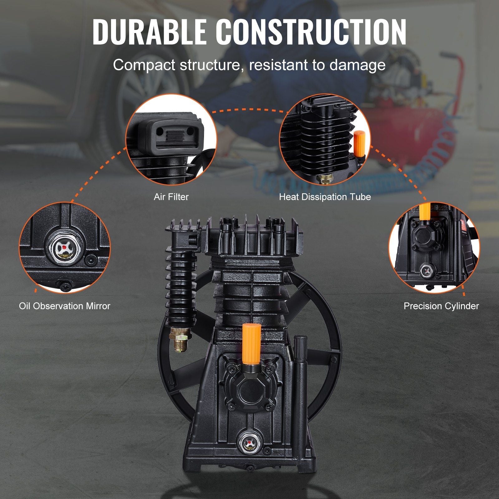 Air Compressor Pump Head, 3HP 5.8CFM @ 90PSI, Twin Cylinder Oil Lubricated Air Compressor Piston Pump Head, V952-KQYSJBTHSSBT4JDUMV0