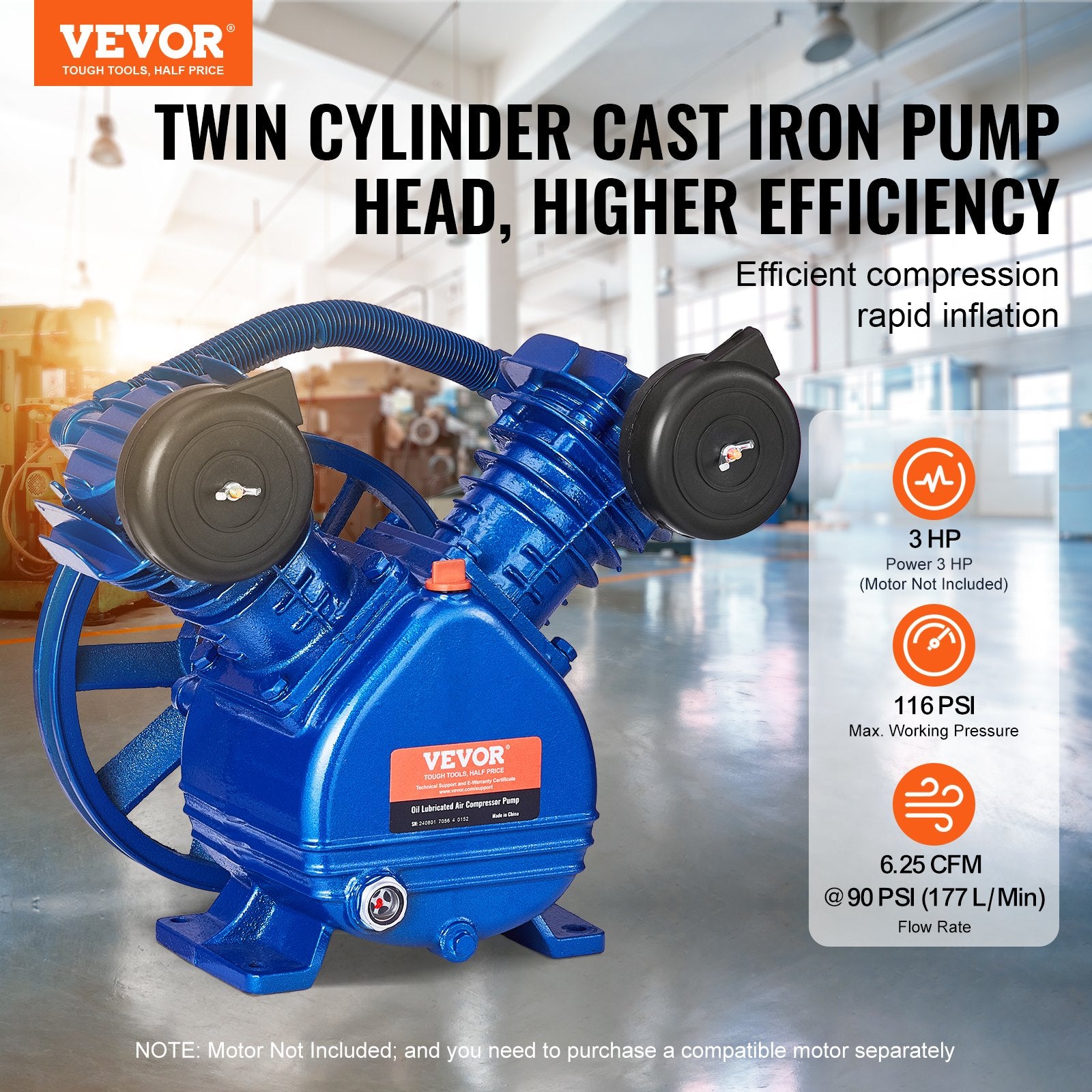 Air Compressor Pump Head, 3HP 6.25CFM @ 90PSI, Twin Cylinder Oil Lubricated Air Compressor Piston Pump Head, V952-KQYSJBTSGBTCJ23V6V0