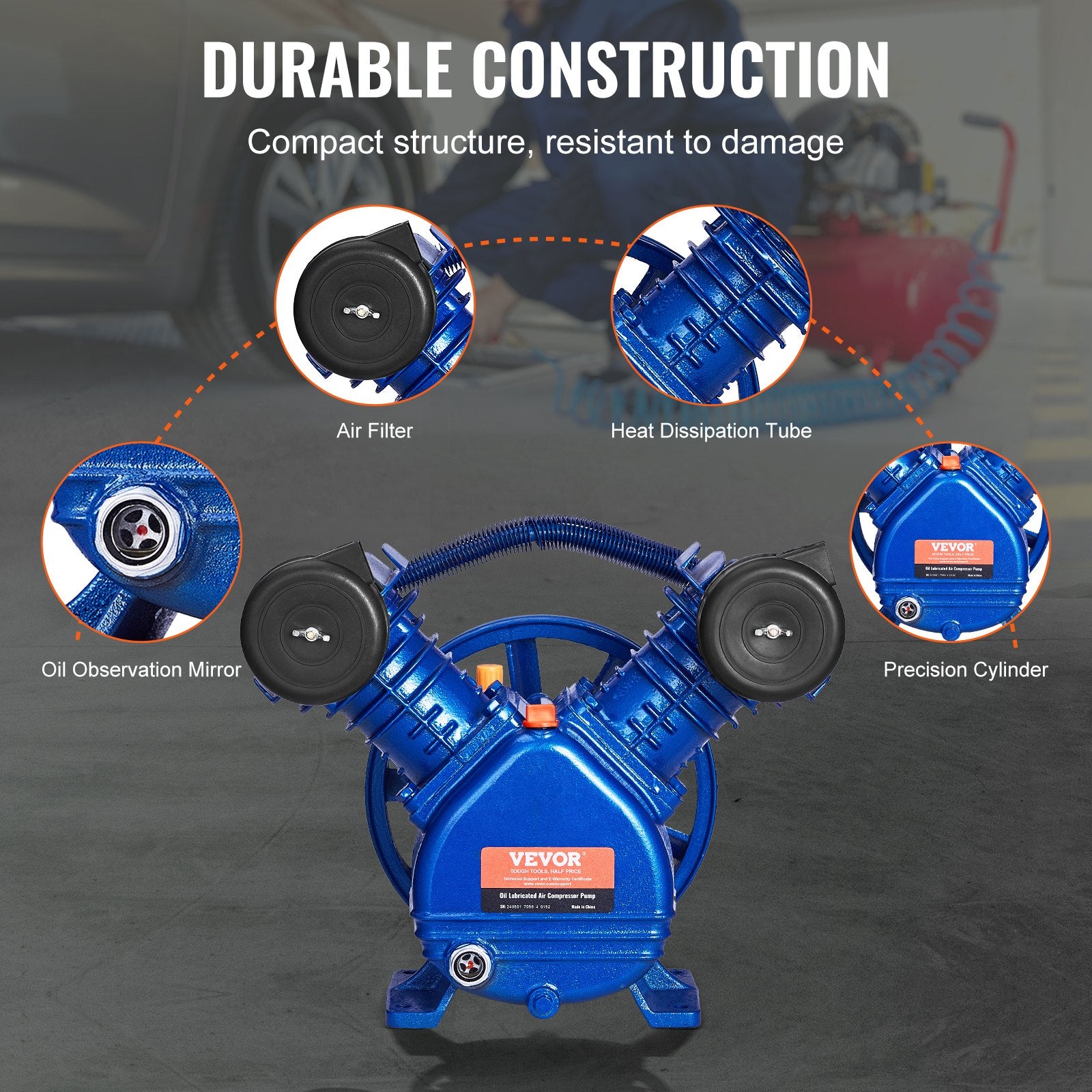 Air Compressor Pump Head, 3HP 6.25CFM @ 90PSI, Twin Cylinder Oil Lubricated Air Compressor Piston Pump Head, V952-KQYSJBTSGBTCJ23V6V0