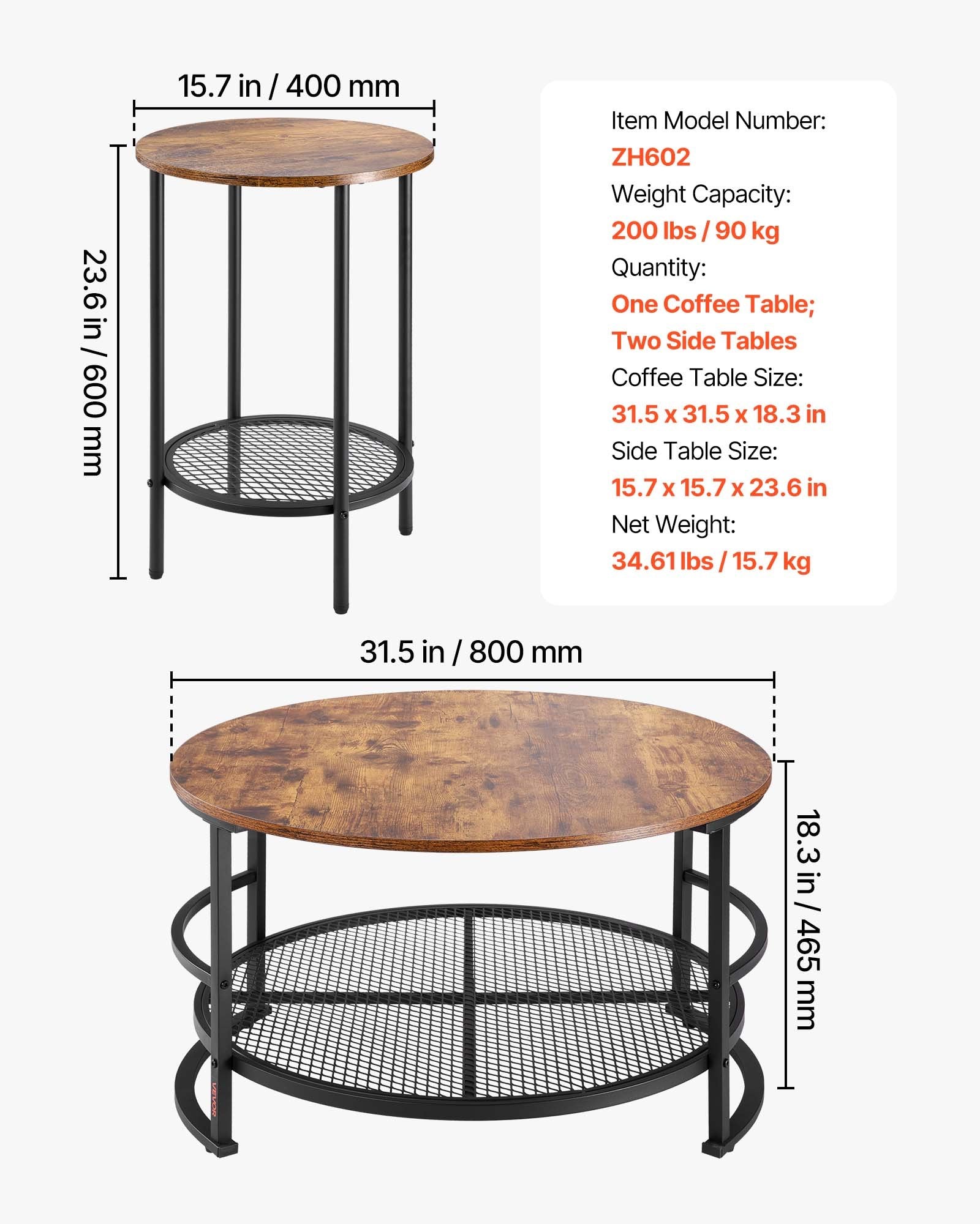 3 Pieces Round Coffee Table Set 80 cm with 2 End Tables for Living Room V952-KTZZTZTMYZWPM7ELZ001V0
