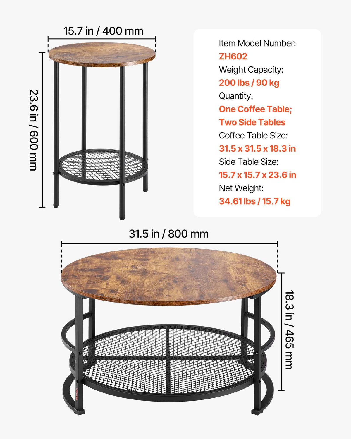 3 Pieces Round Coffee Table Set 80 cm with 2 End Tables for Living Room V952-KTZZTZTMYZWPM7ELZ001V0
