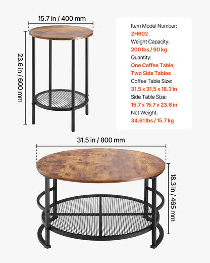 3 Pieces Round Coffee Table Set 80 cm with 2 End Tables for Living Room V952-KTZZTZTMYZWPM7ELZ001V0