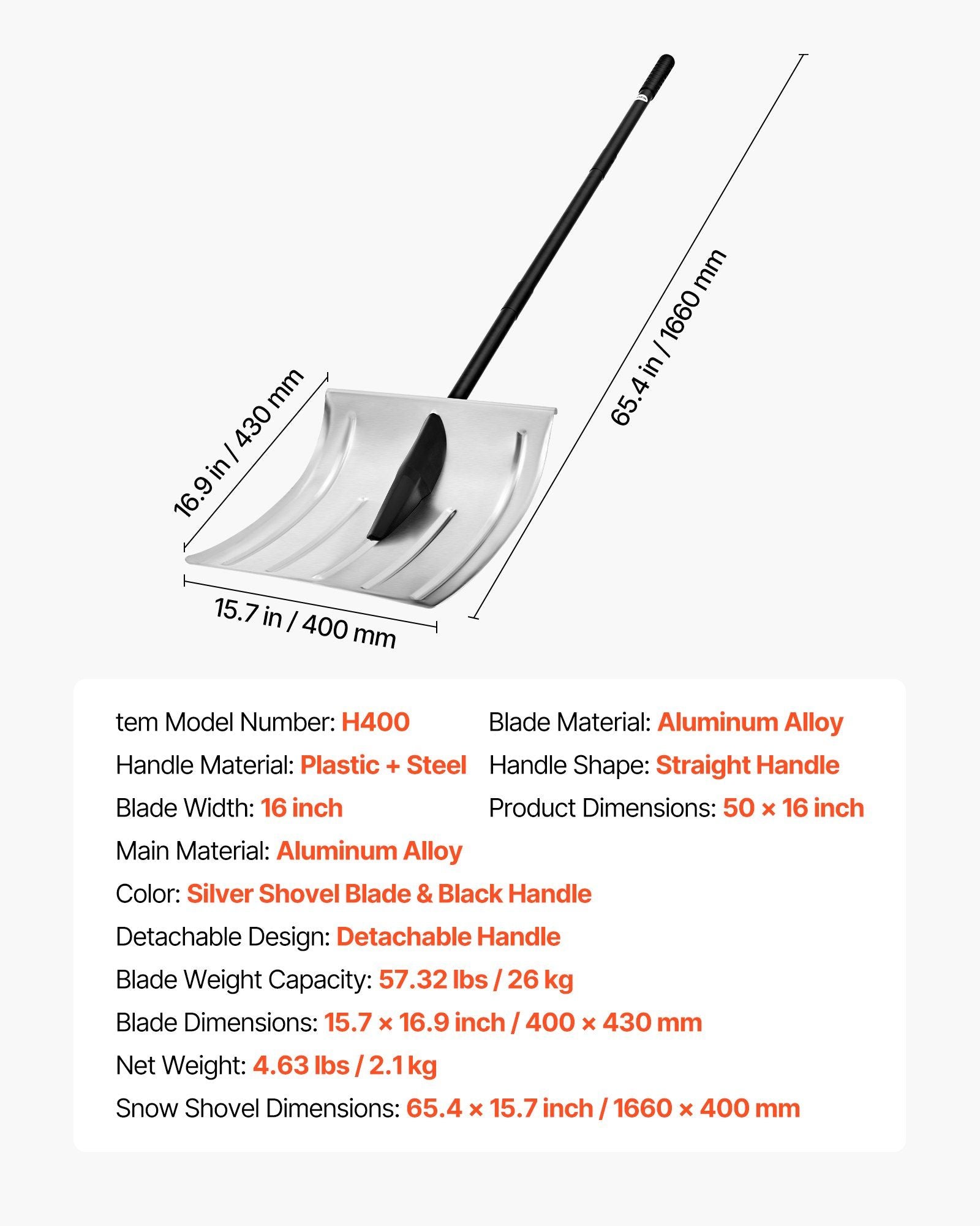 Snow Shovel for Driveway, 40cm Wide Aluminum Alloy Snow Shovel, Non Slip Grip, Large Capacity Snowplow V952-KXCLHJ16INCHF6PLG001V0