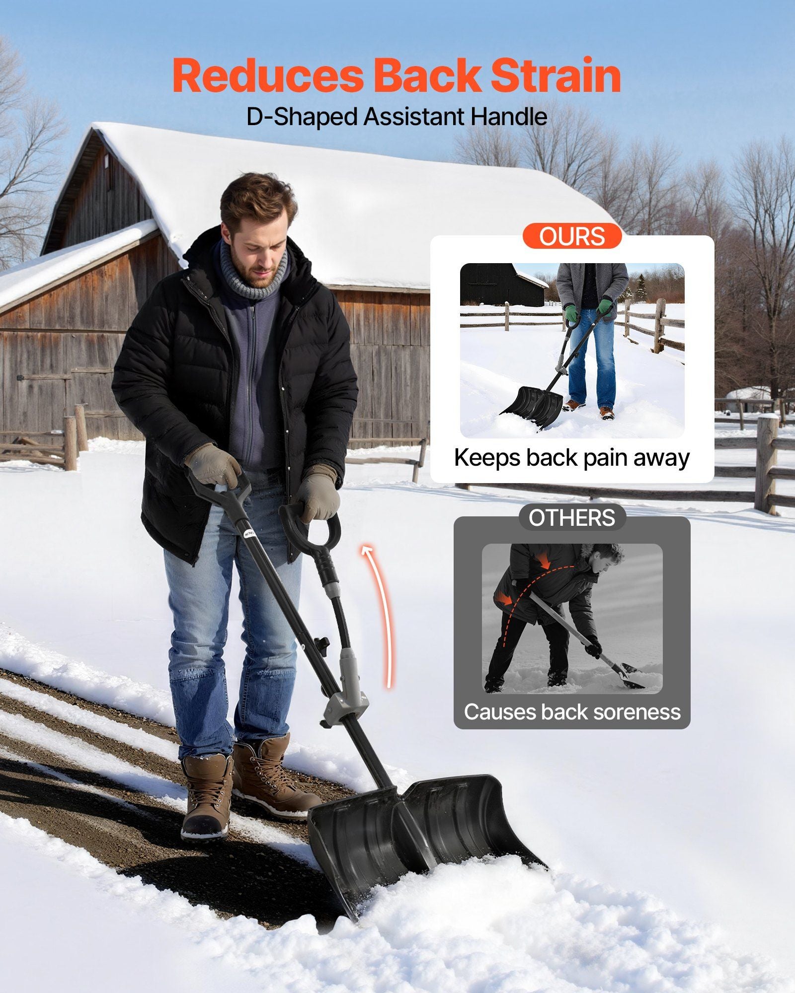 Snow Shovel for Driveway, 45.5cm Wide Snow Shovel with Assist D-shaped Handles, Non Slip Grip, Large Capacity V952-KXCSL18INCH02TFW3001V0