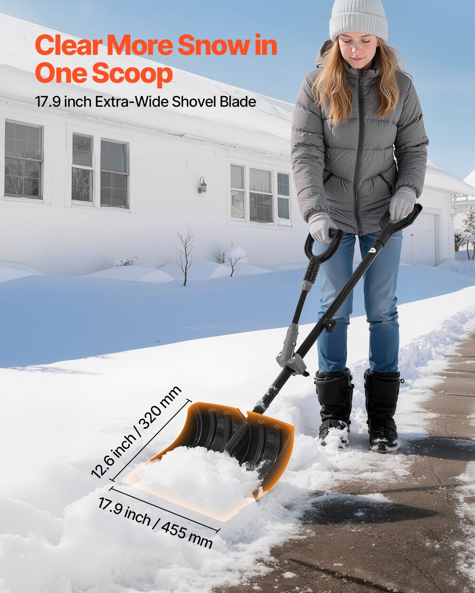 Snow Shovel for Driveway, 45.5cm Wide Snow Shovel with Assist D-shaped Handles, Non Slip Grip, Large Capacity V952-KXCSL18INCH02TFW3001V0