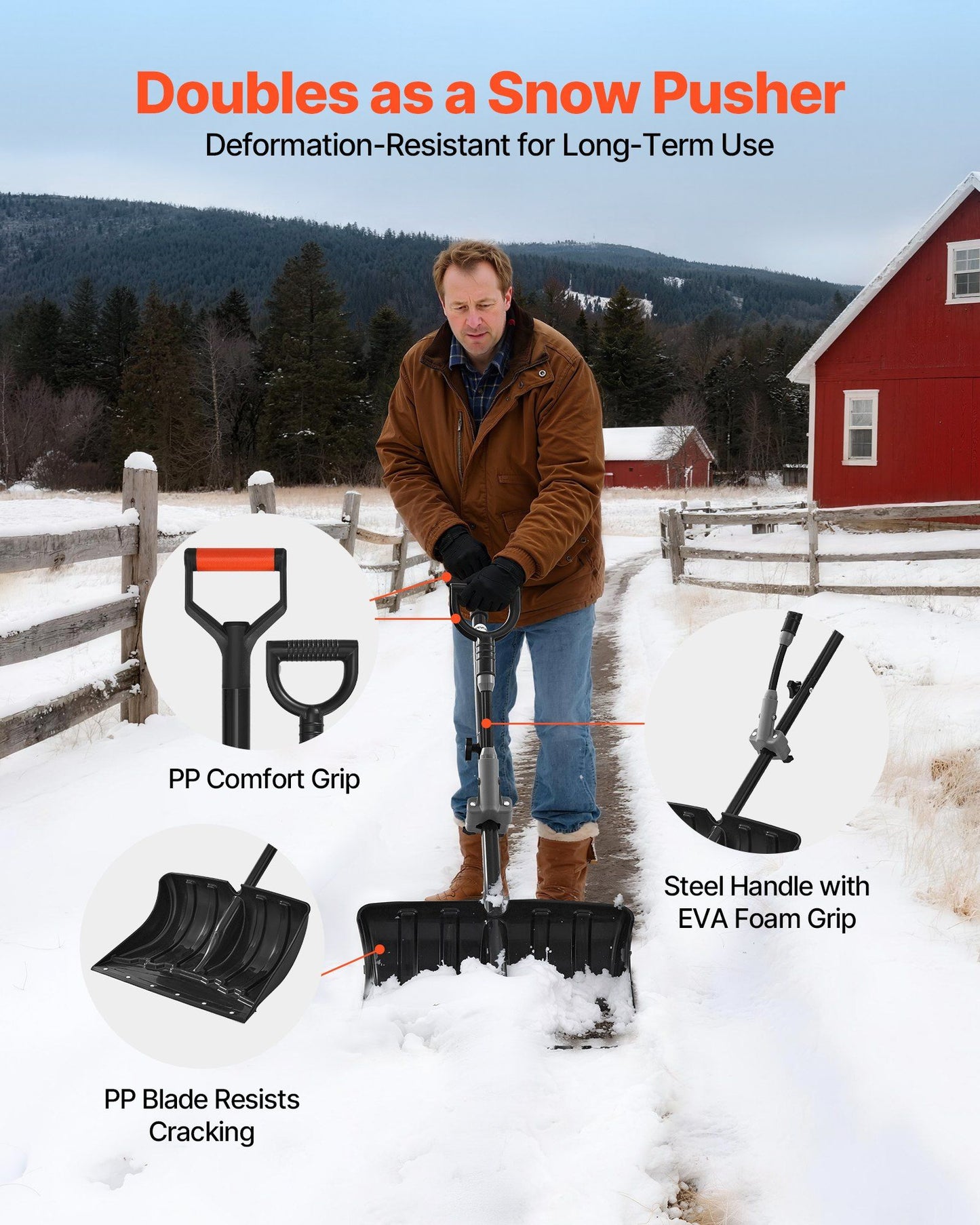Snow Shovel for Driveway, 45.5cm Wide Snow Shovel with Assist D-shaped Handles, Non Slip Grip, Large Capacity V952-KXCSL18INCH02TFW3001V0