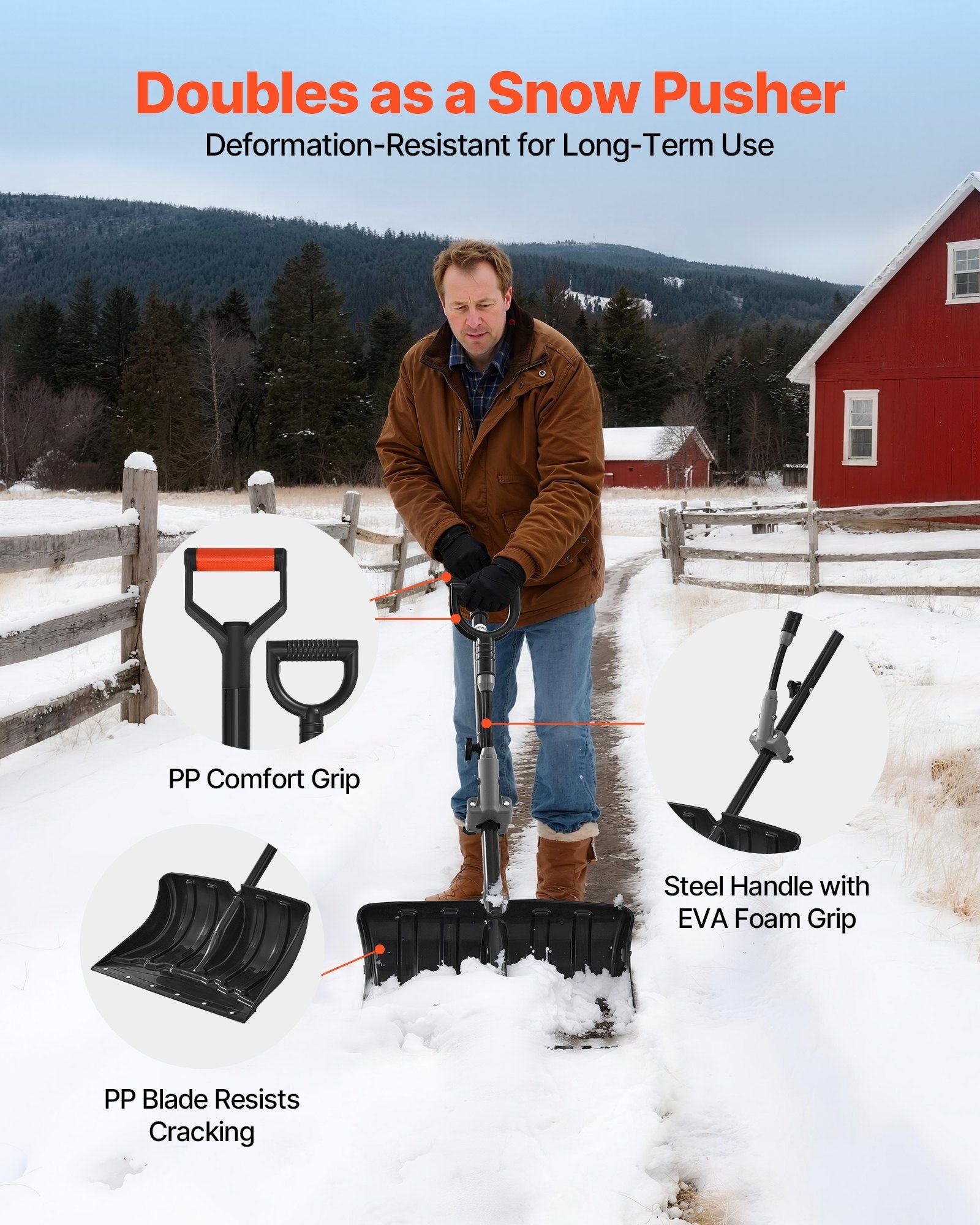 Snow Shovel for Driveway, 45.5cm Wide Snow Shovel with Assist D-shaped Handles, Non Slip Grip, Large Capacity V952-KXCSL18INCH02TFW3001V0