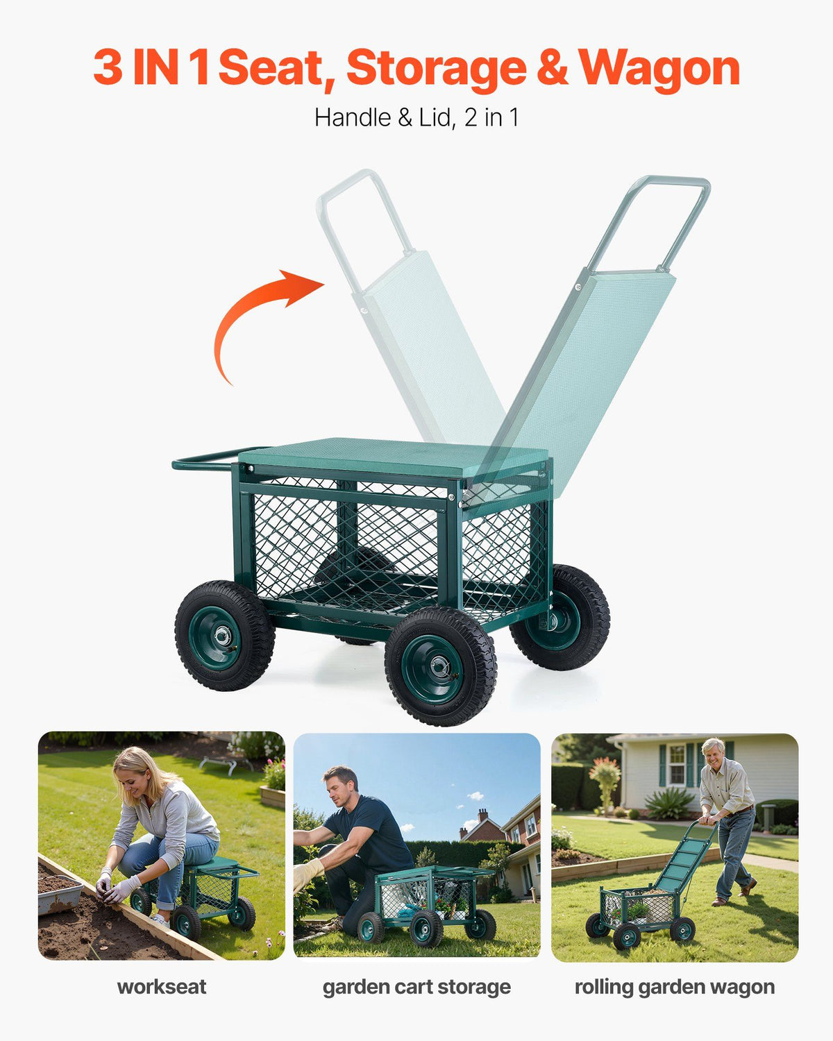 Rolling Garden Cart with Seat, Metal Rolling Garden Work Seat with Wheels, Supports up to 181 kg, Heavy Duty V952-KYDHYZYZXCWKUET6P001V0