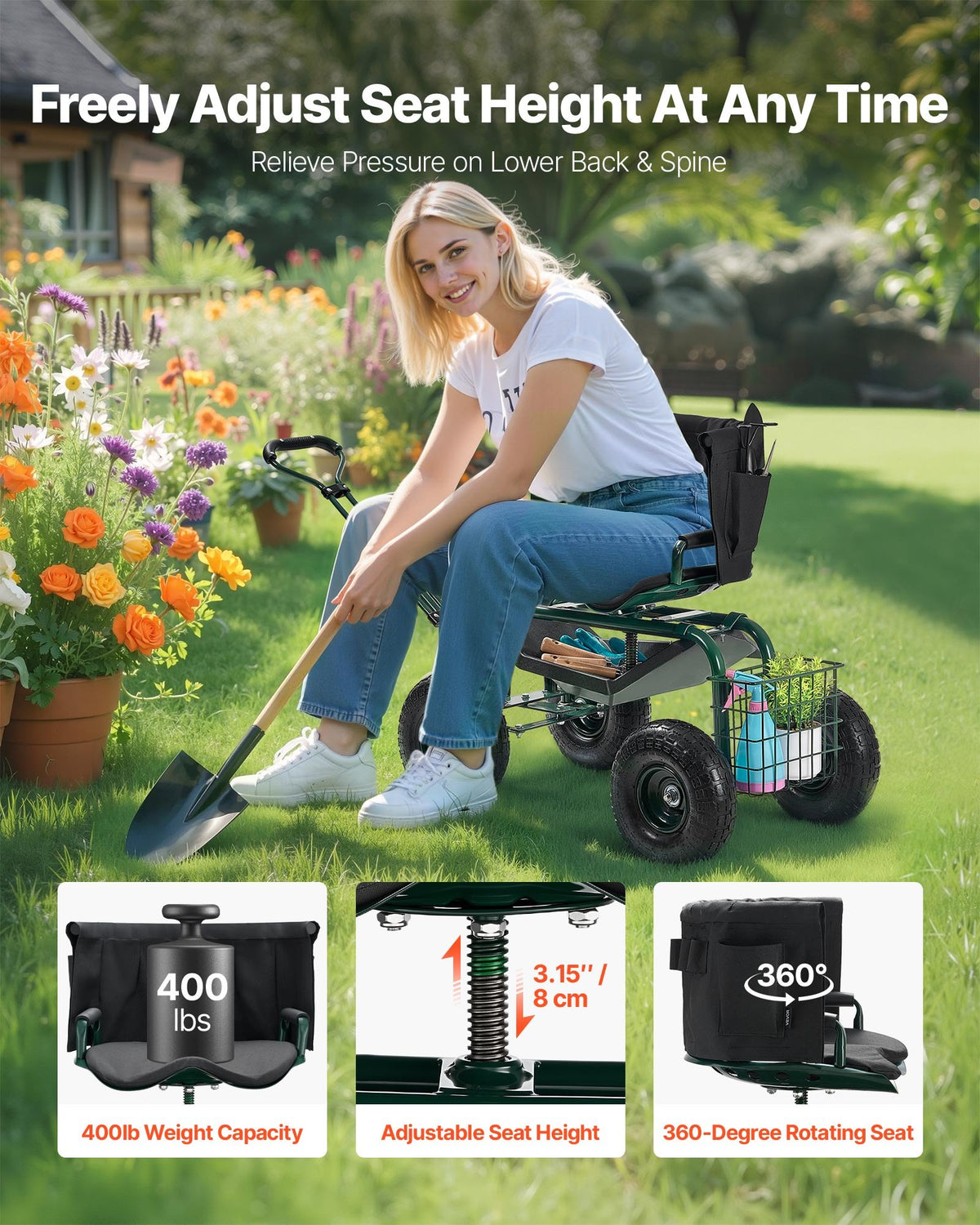 Rolling Garden Cart with Swivel Seat Wheels Extendable Handle Storage Box V952-KYDHYZYZXKSSSHX39001V0