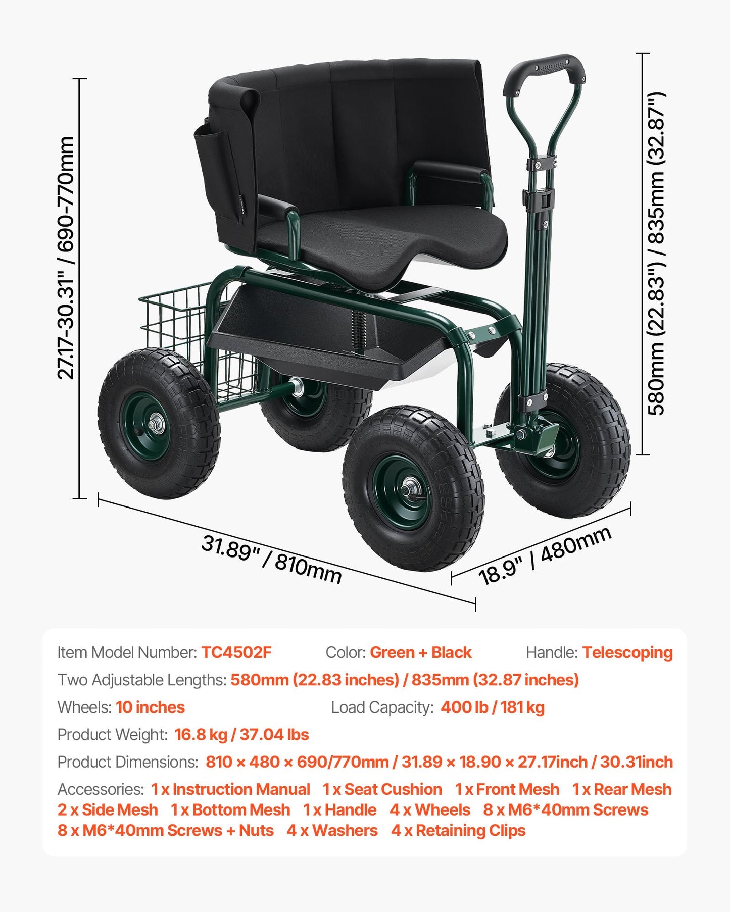 Rolling Garden Cart with Swivel Seat Wheels Extendable Handle Storage Box V952-KYDHYZYZXKSSSHX39001V0