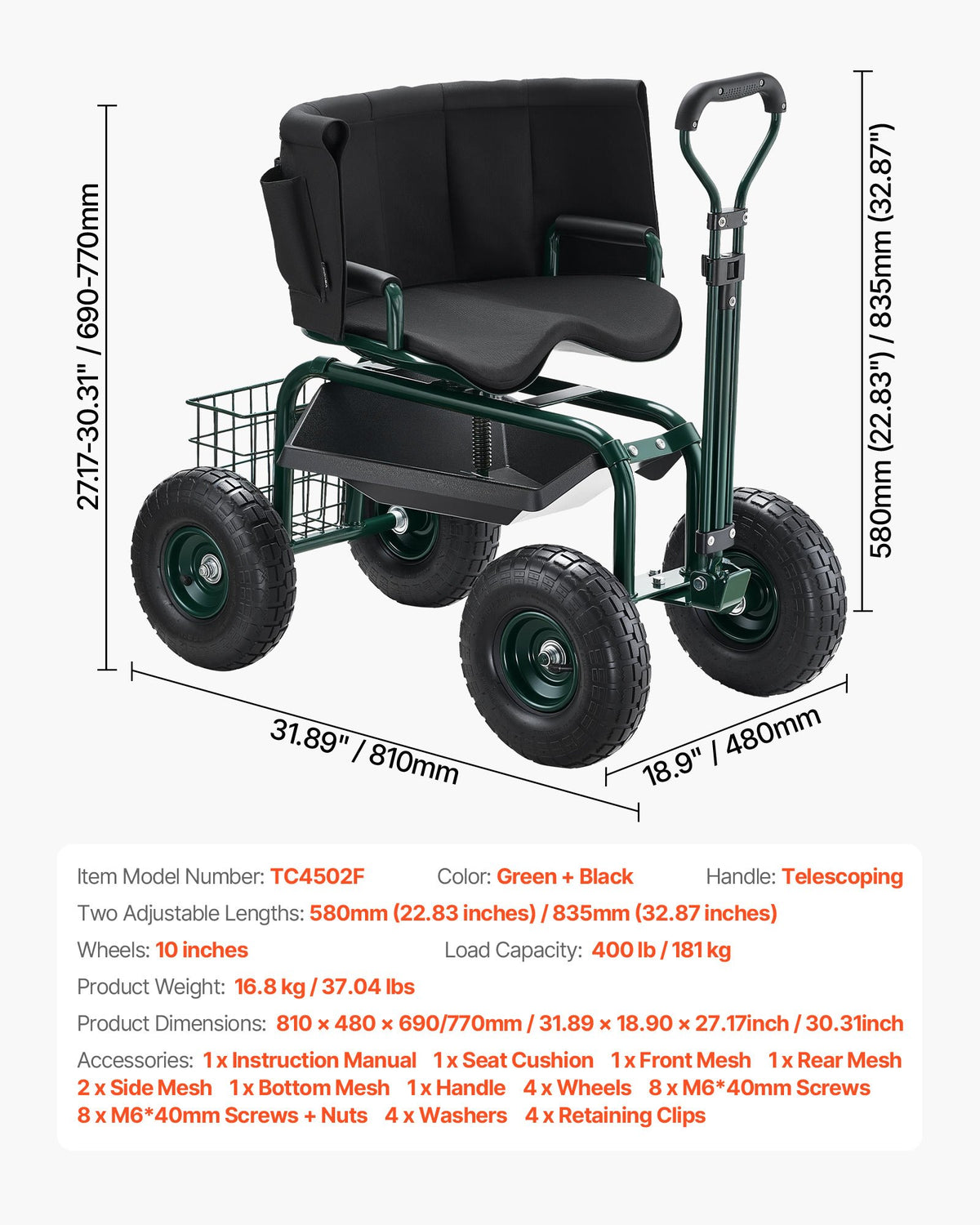 Rolling Garden Cart with Swivel Seat Wheels Extendable Handle Storage Box V952-KYDHYZYZXKSSSHX39001V0