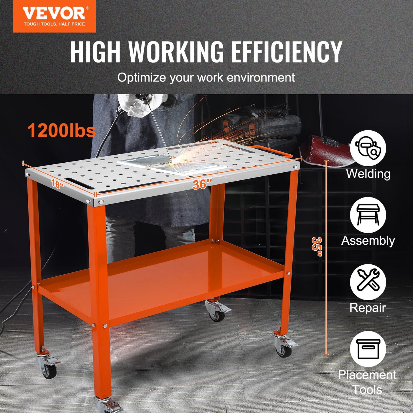 36" x 18" Welding Table, 1200lbs Load Capacity Steel Welding Workbench Table on Wheels, Portable Work Bench V952-KYDHZW1200LB3M6A7V0