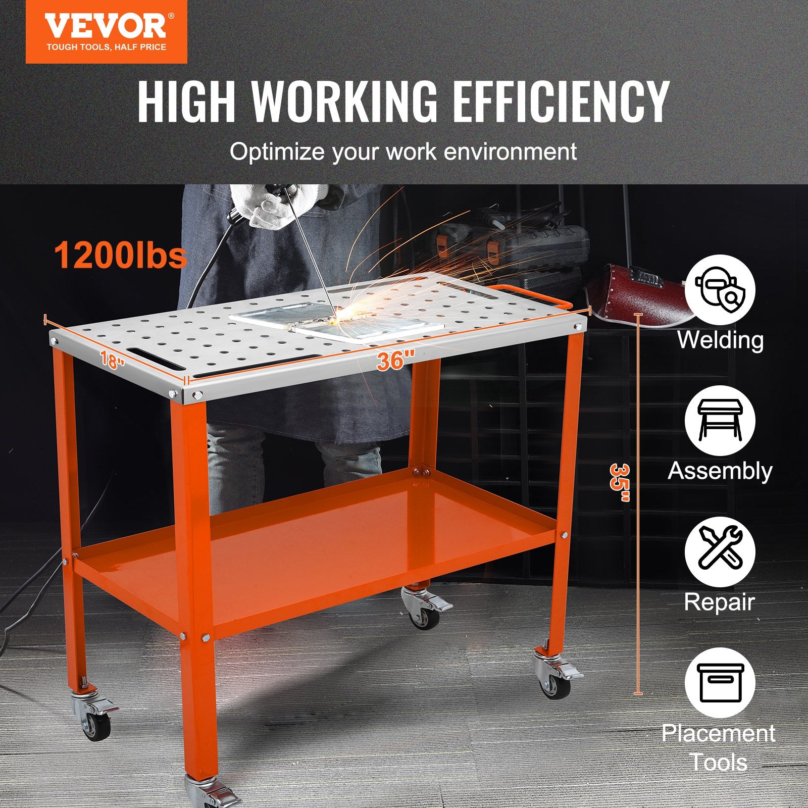 36" x 18" Welding Table, 1200lbs Load Capacity Steel Welding Workbench Table on Wheels, Portable Work Bench V952-KYDHZW1200LB3M6A7V0