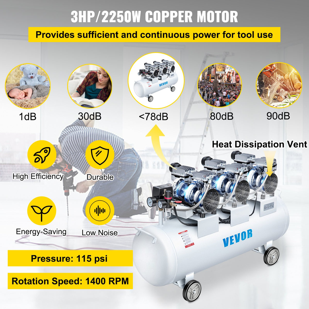 Oil Free Air Compressor Air Compressor Tank 100L 3HP Ultra Silent Inflator V952-KYJ750-3-100LLDW1V3