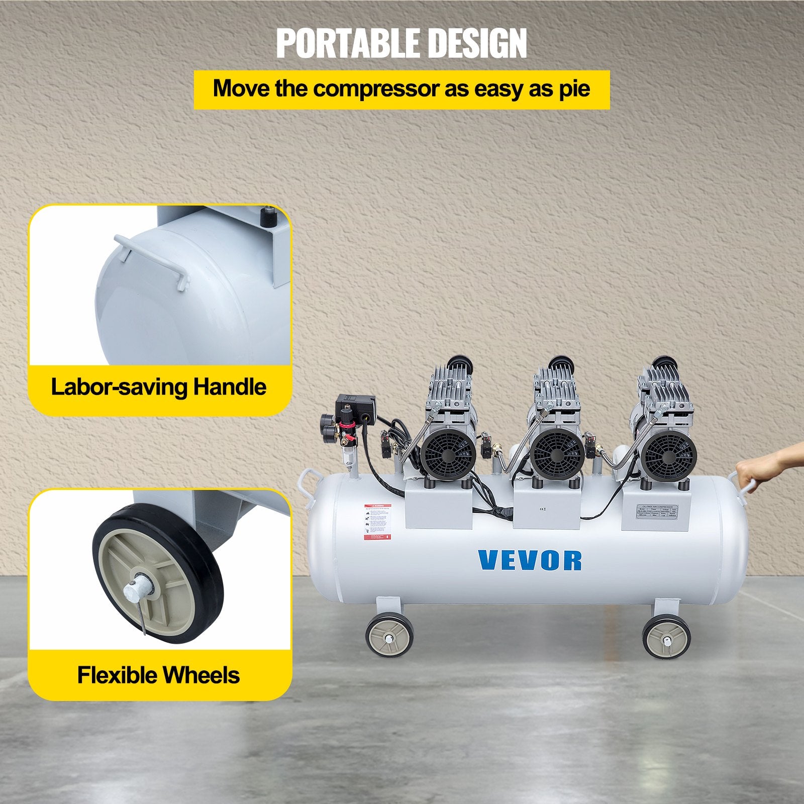 Oil Free Air Compressor Air Compressor Tank 100L 3HP Ultra Silent Inflator V952-KYJ750-3-100LLDW1V3