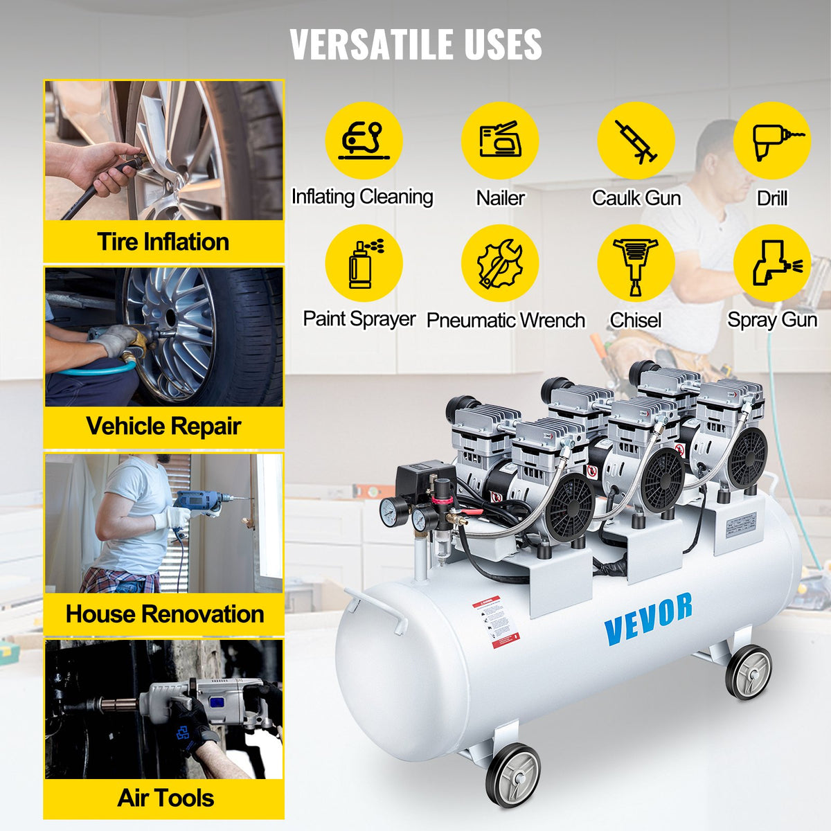 Oil Free Air Compressor Air Compressor Tank 100L 3HP Ultra Silent Inflator V952-KYJ750-3-100LLDW1V3