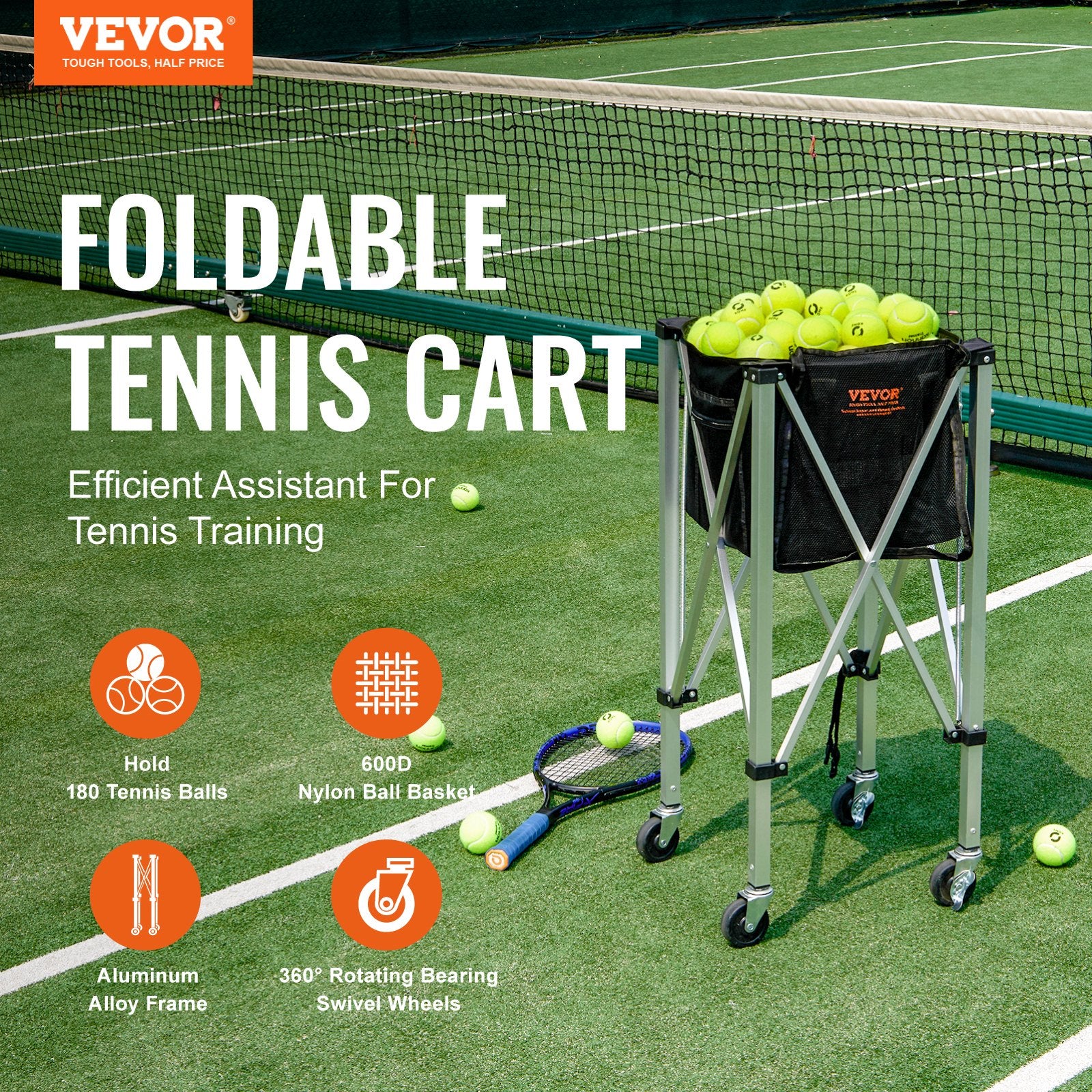 Foldable Tennis Ball Hopper, Holds 180 Tennis Balls, Lightweight Aluminum Alloy Tennis Ball Basket Cart with V952-KZDBXSWQTC182488OV0
