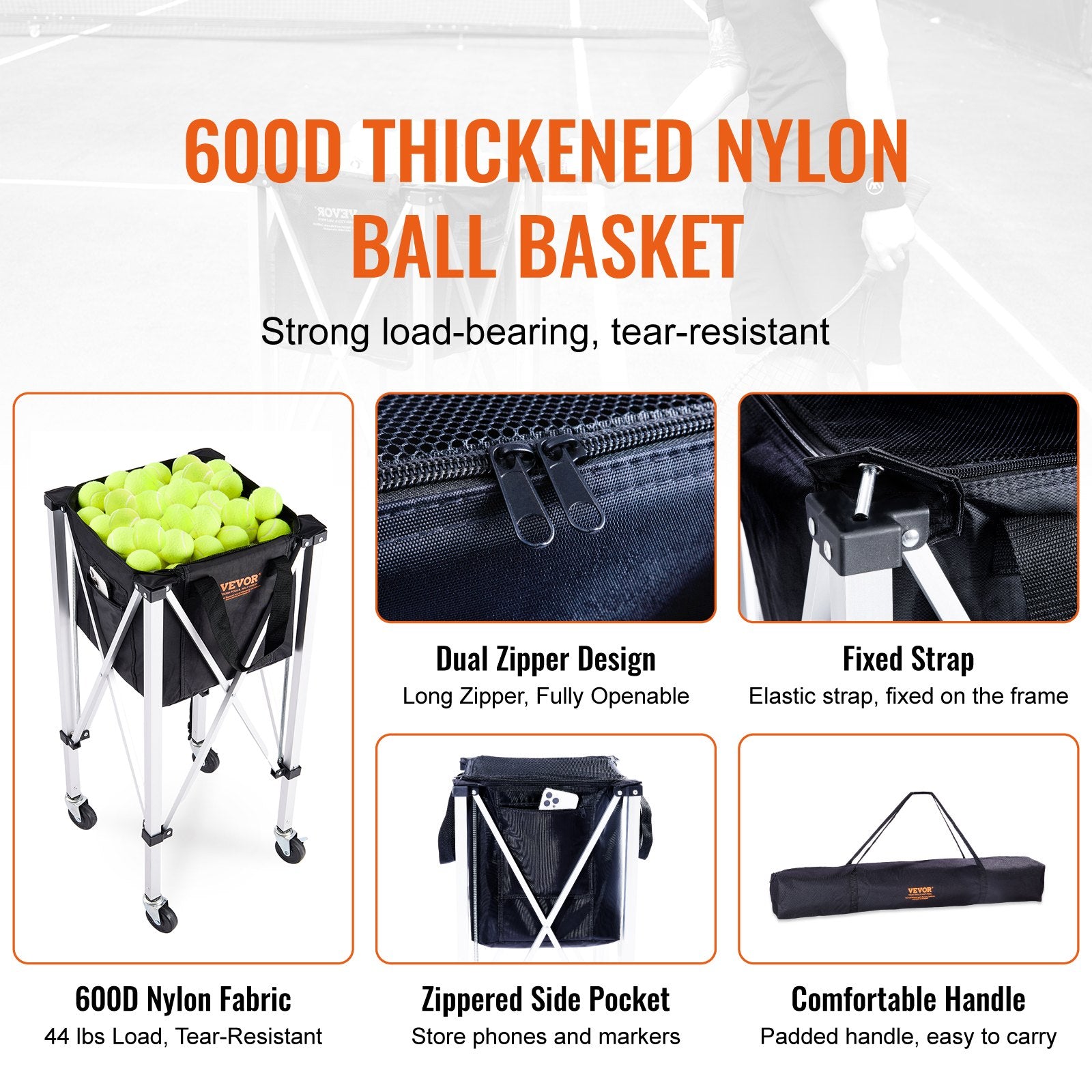 Foldable Tennis Ball Hopper, Holds 180 Tennis Balls, Lightweight Aluminum Alloy Tennis Ball Basket Cart with V952-KZDBXSWQTC182488OV0